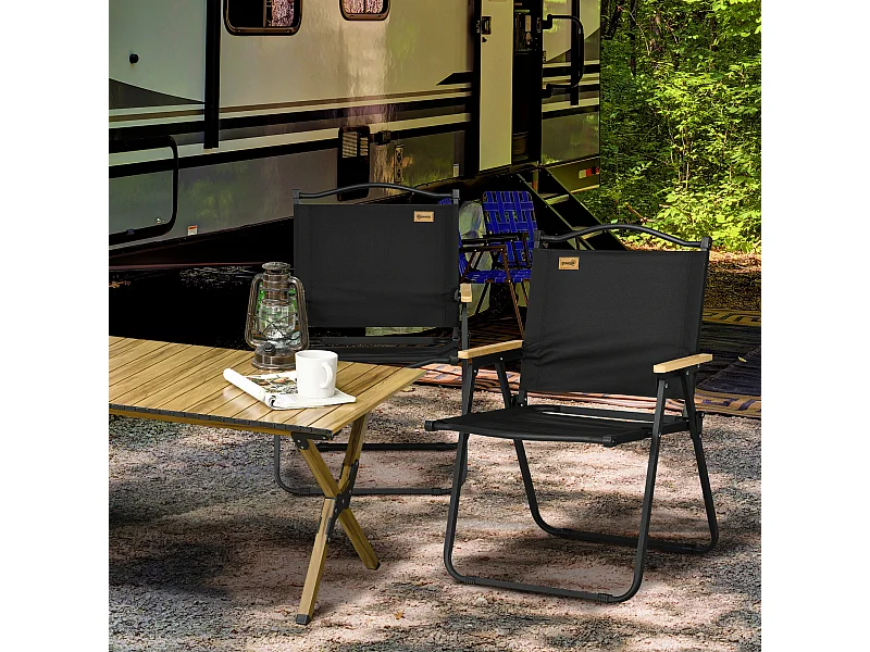 Lot de 2 chaises de plage camping pliantes - poignée - structure acier aspect bois oxford noir