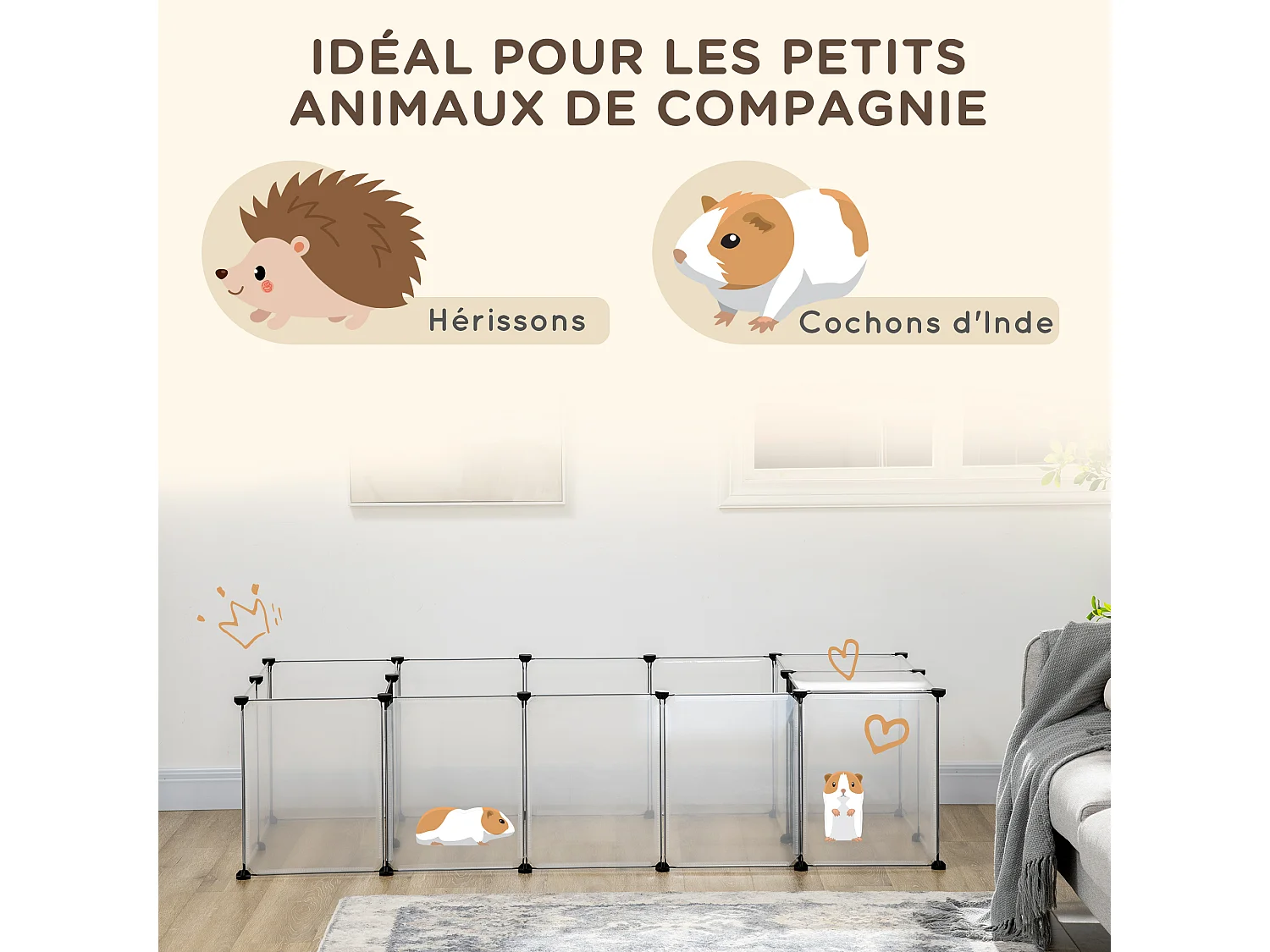 Enclos parc modulable petits animaux - 20 panneaux - dim. 175L x 70l x 45H cm - acier noir PP blanc