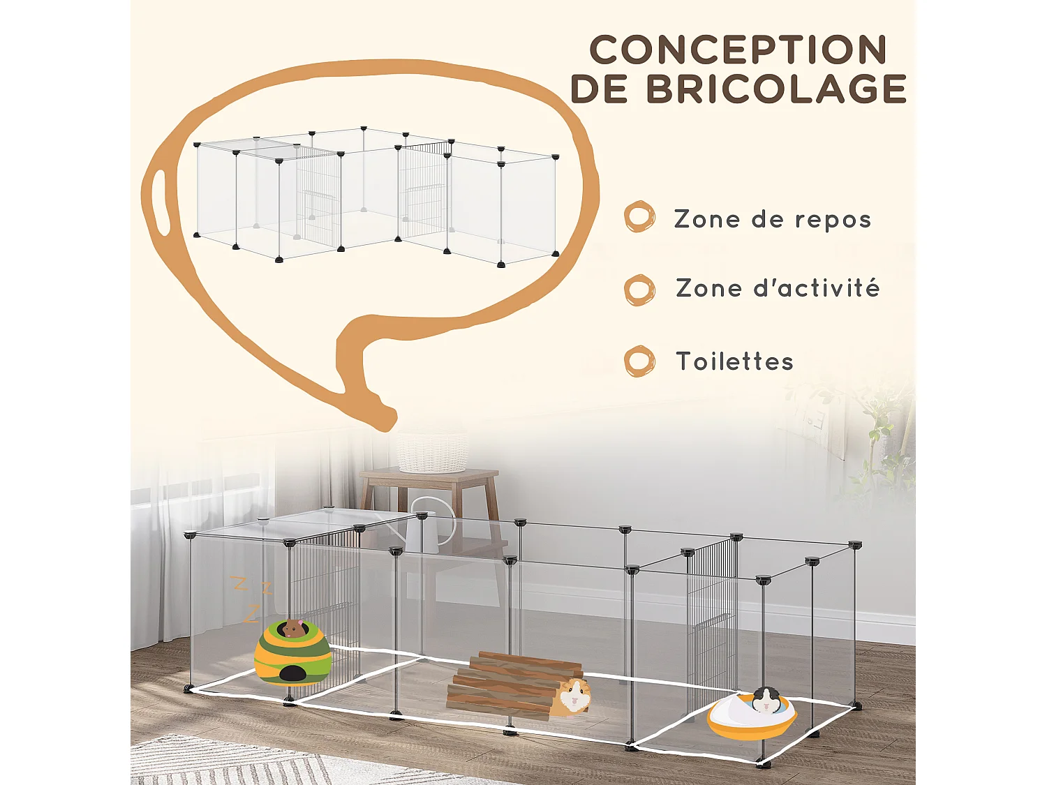 Enclos parc modulable petits animaux - 20 panneaux - dim. 175L x 70l x 45H cm - acier noir PP blanc