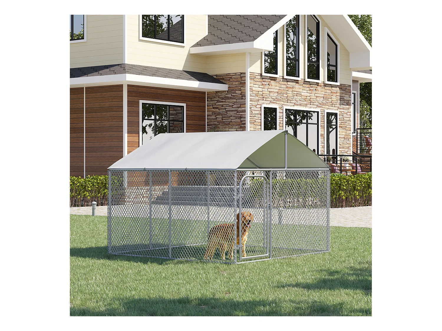 Chenil extérieur avec toit pour chien 5 m² - parc grillagé 230 x 230 x 175 cm - espace couvert - acier galvanisé