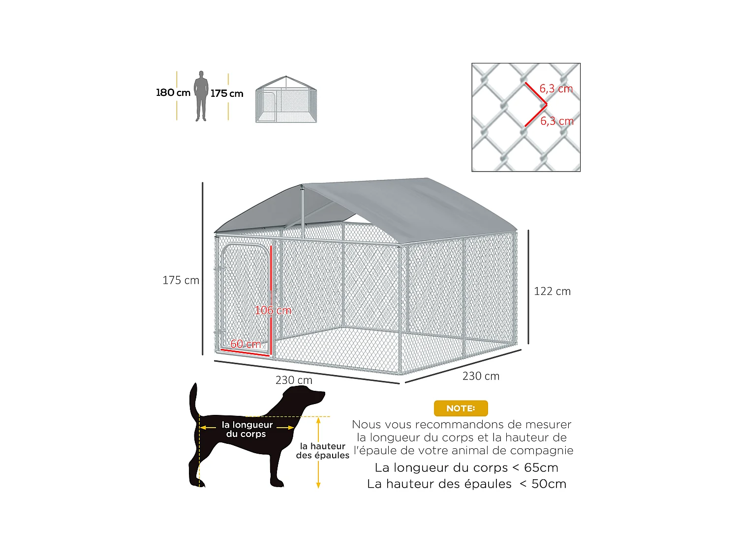 Chenil extérieur avec toit pour chien 5 m² - parc grillagé 230 x 230 x 175 cm - espace couvert - acier galvanisé