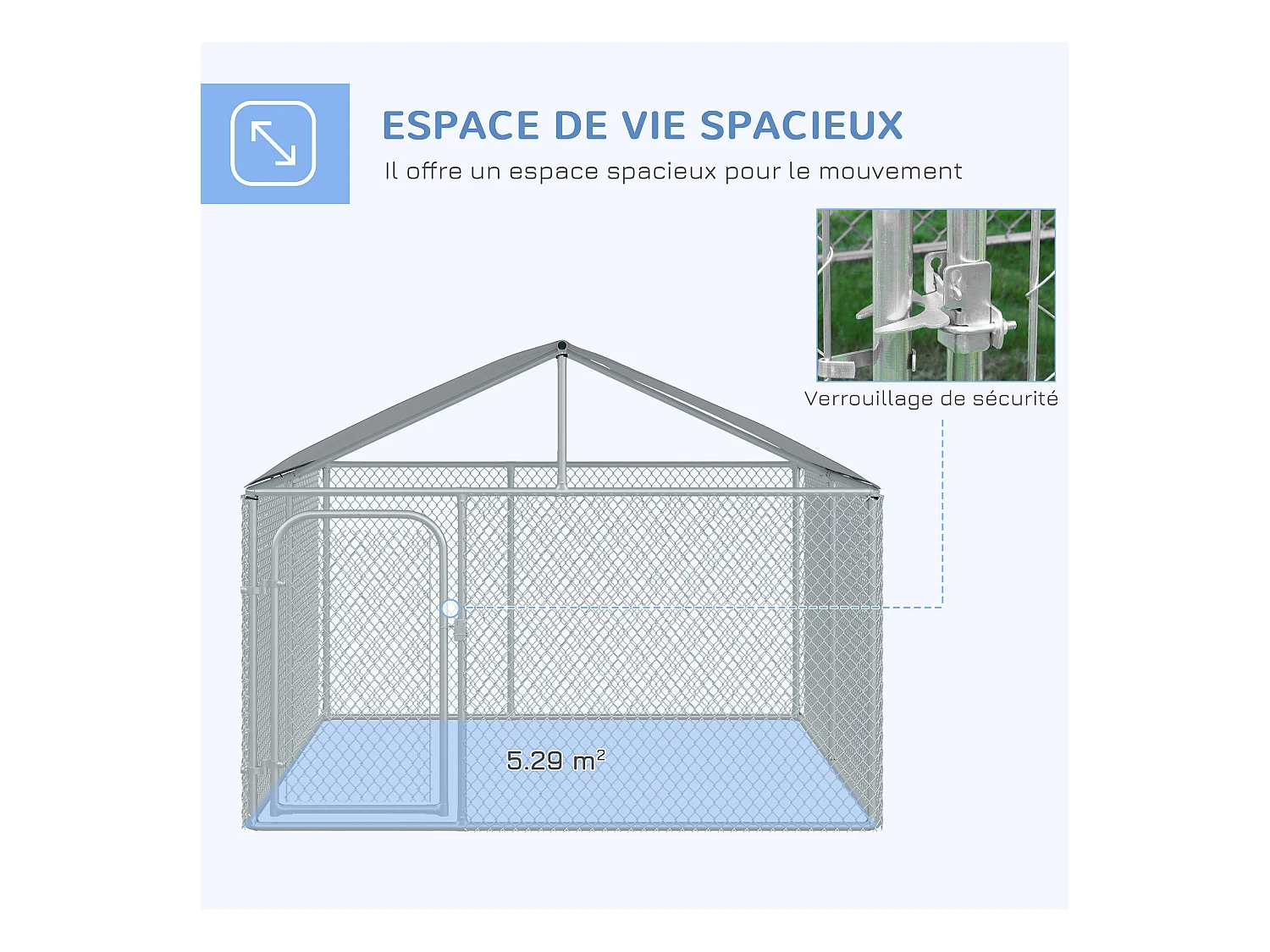 Chenil extérieur avec toit pour chien 5 m² - parc grillagé 230 x 230 x 175 cm - espace couvert - acier galvanisé