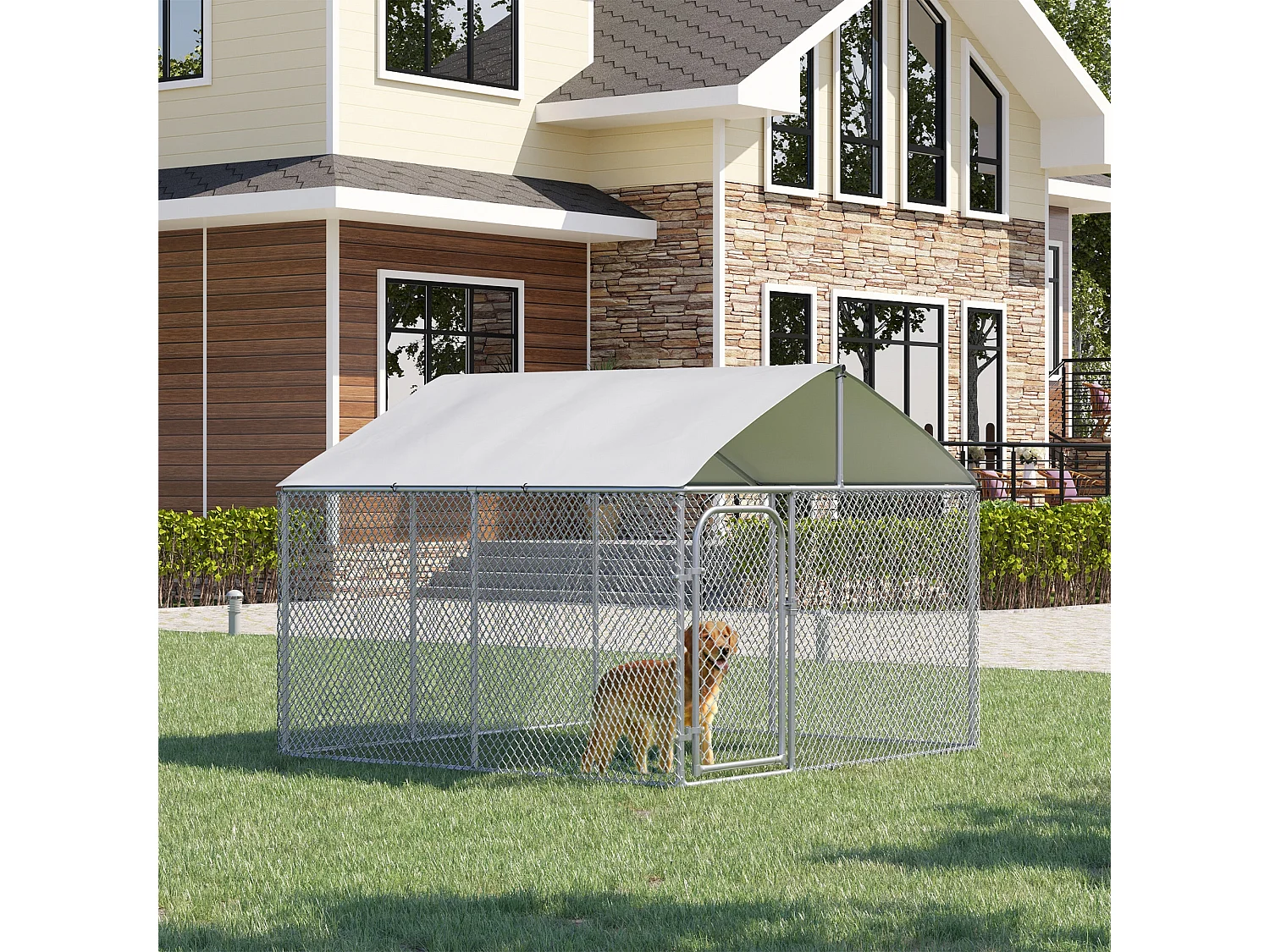 Chenil extérieur avec toit pour chien 5 m² - parc grillagé 230 x 230 x 175 cm - espace couvert - acier galvanisé