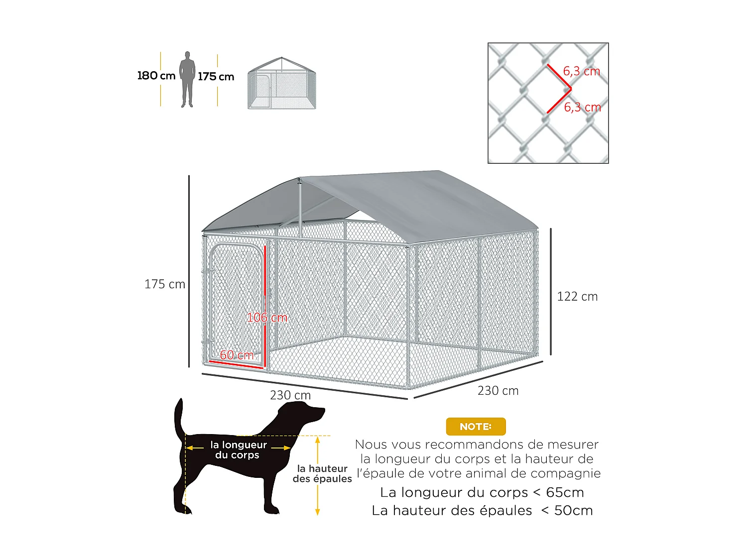 Chenil extérieur avec toit pour chien 5 m² - parc grillagé 230 x 230 x 175 cm - espace couvert - acier galvanisé