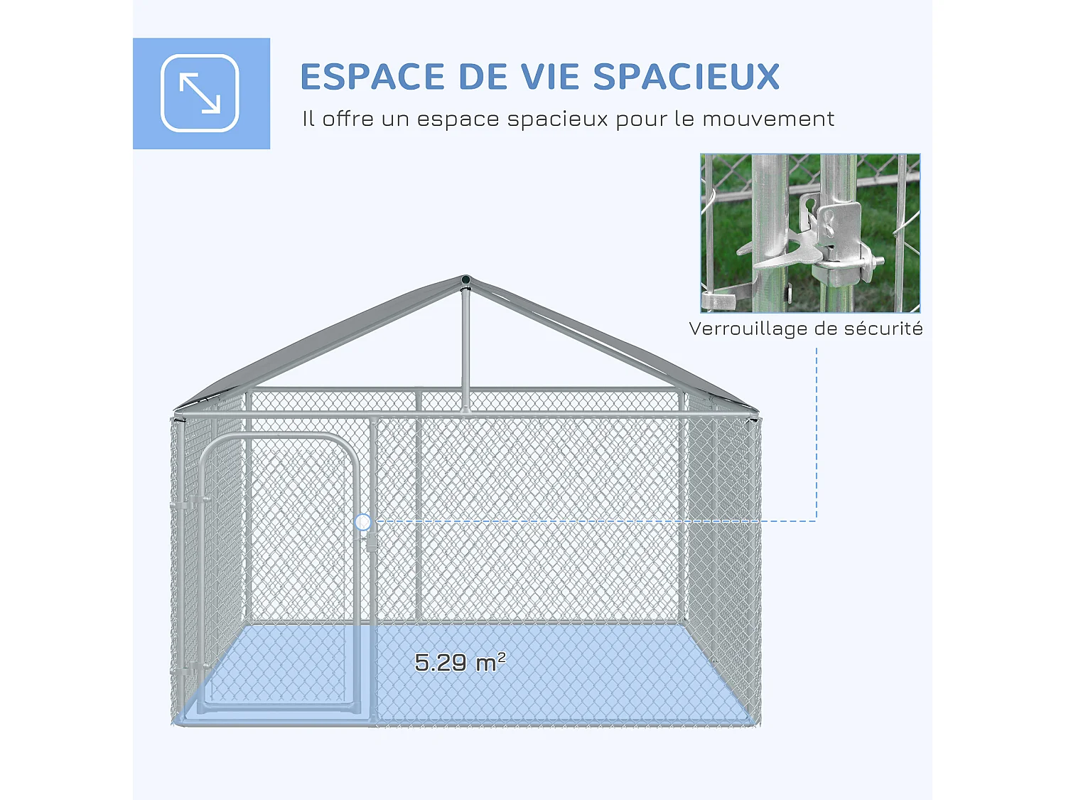 Chenil extérieur avec toit pour chien 5 m² - parc grillagé 230 x 230 x 175 cm - espace couvert - acier galvanisé