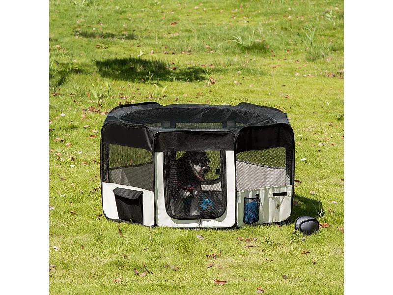 Parc enclos pliable chien chat - Ø 120 x 58H cm - acier tissu Oxford - crème noir