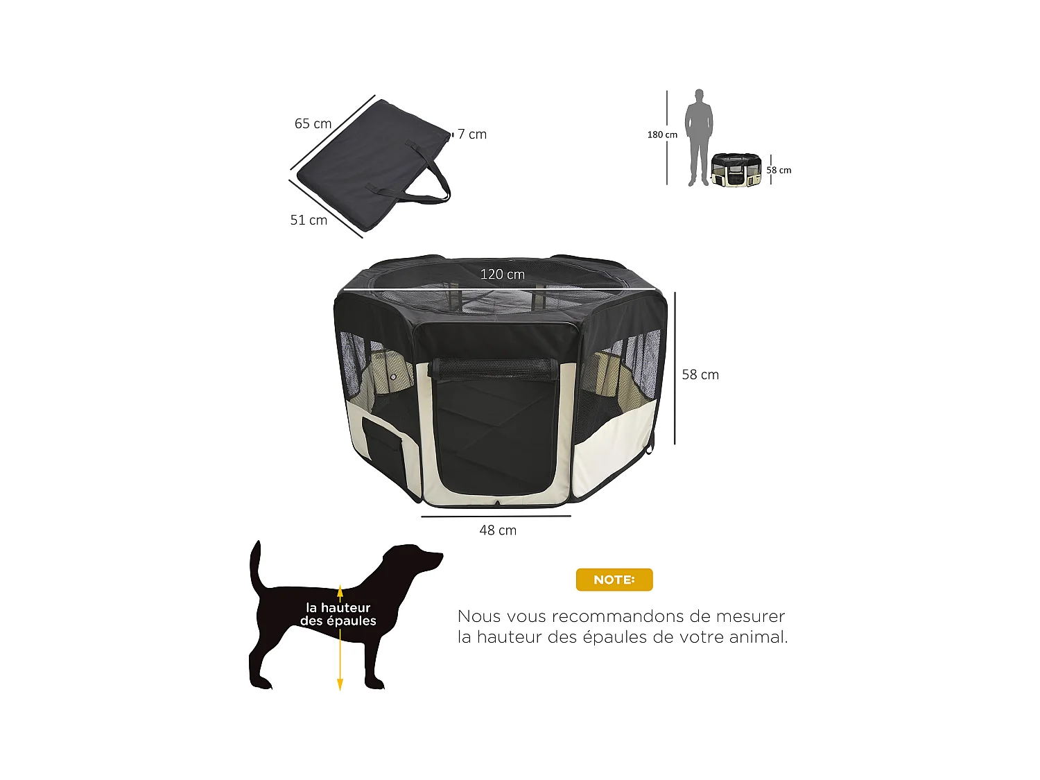 Parc enclos pliable chien chat - Ø 120 x 58H cm - acier tissu Oxford - crème noir