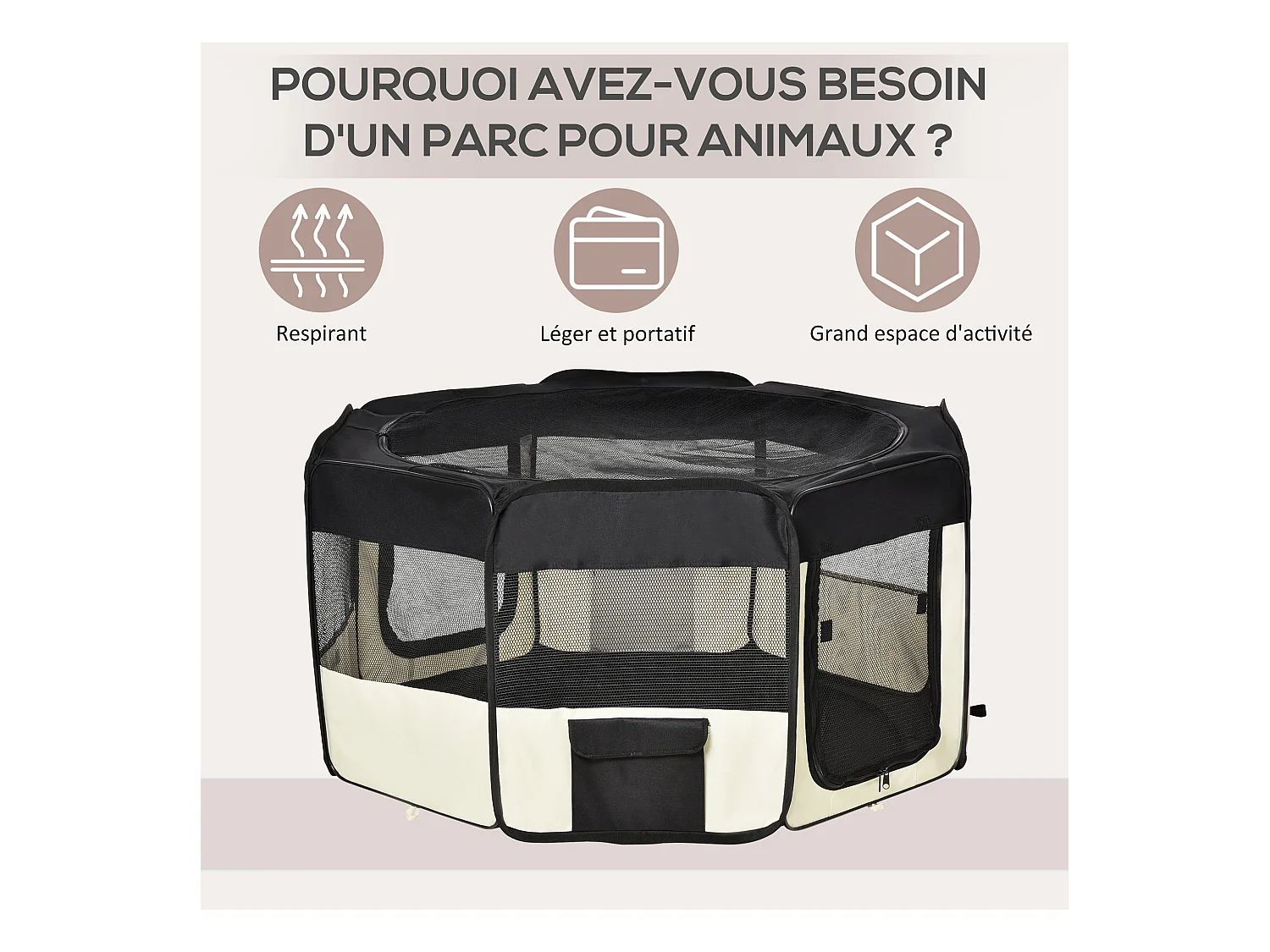 Parc enclos pliable chien chat - Ø 120 x 58H cm - acier tissu Oxford - crème noir