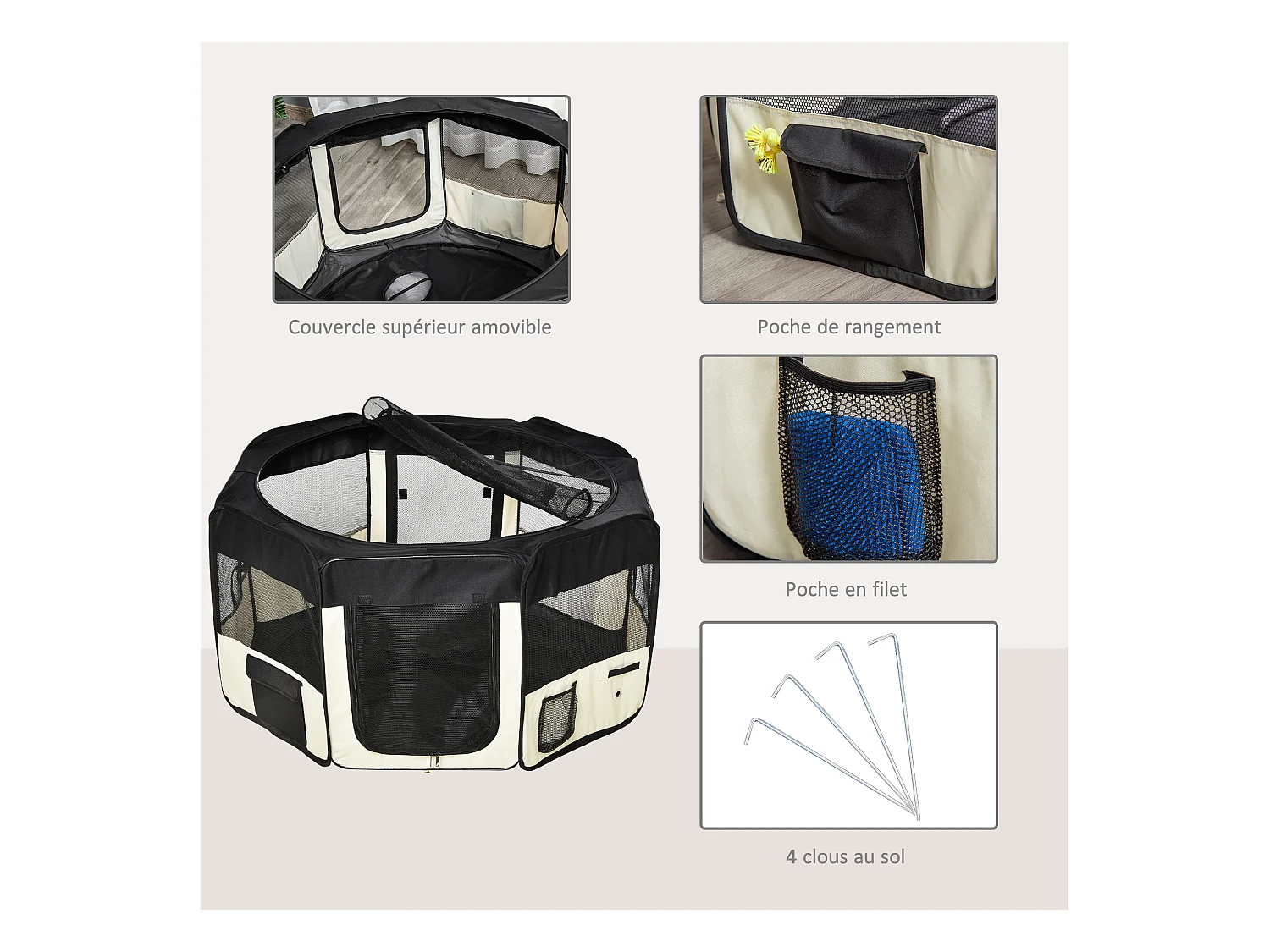 Parc enclos pliable chien chat - Ø 120 x 58H cm - acier tissu Oxford - crème noir