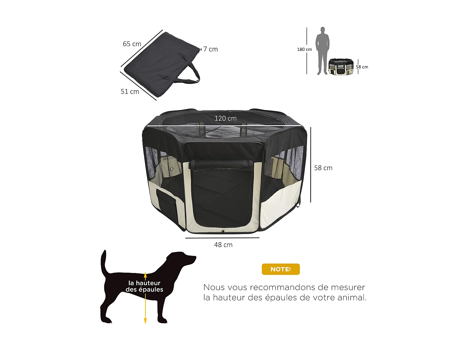 Parc enclos pliable chien chat - Ø 120 x 58H cm - acier tissu Oxford - crème noir