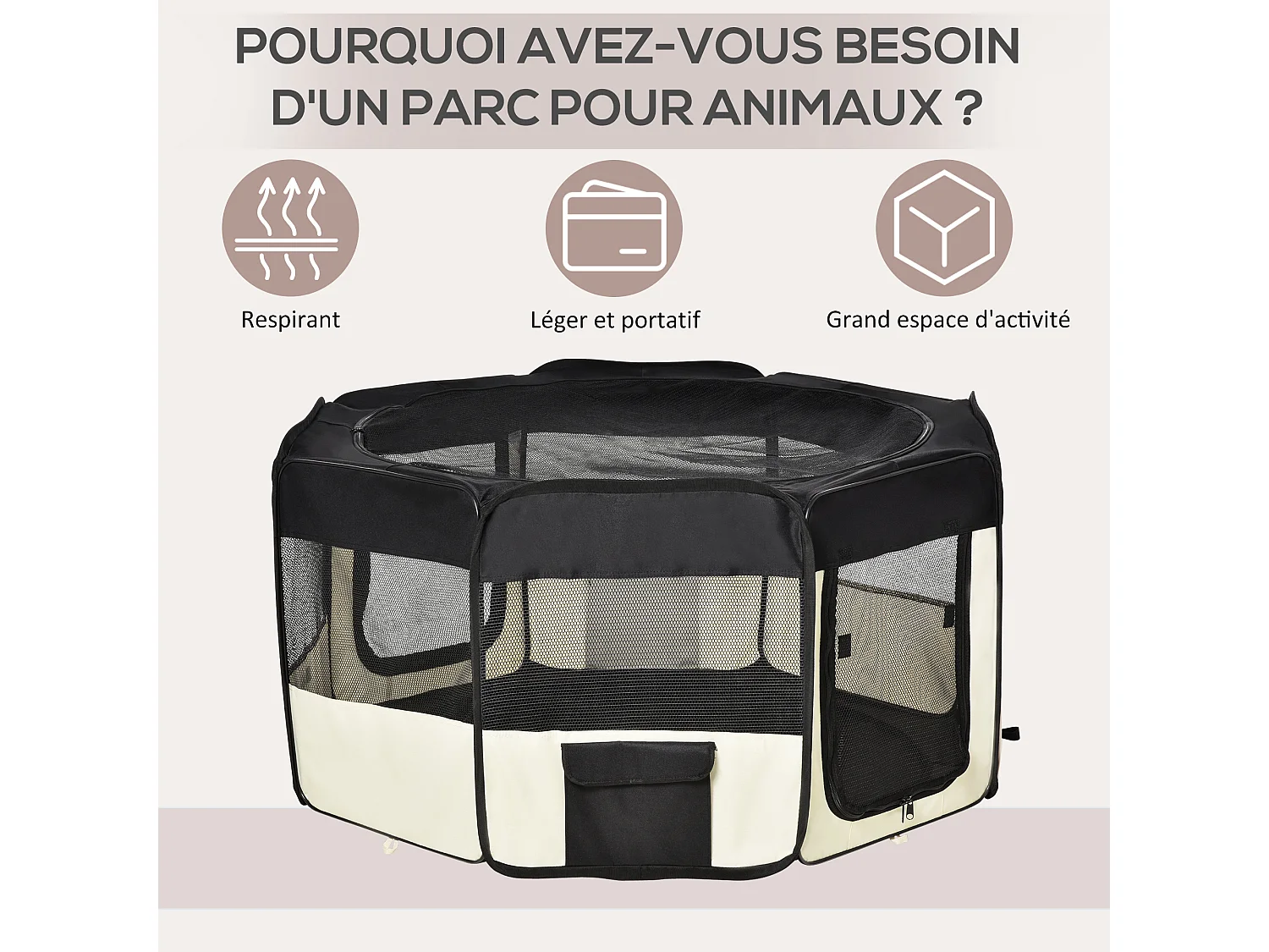 Parc enclos pliable chien chat - Ø 120 x 58H cm - acier tissu Oxford - crème noir
