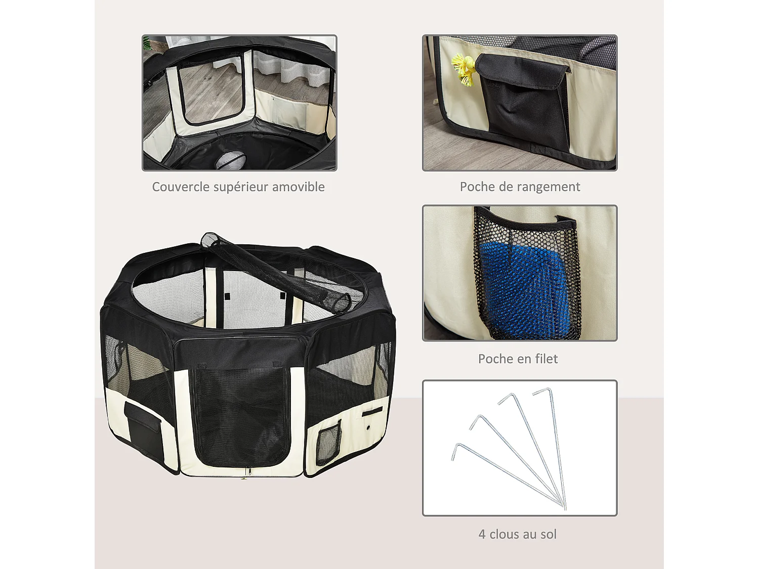 Parc enclos pliable chien chat - Ø 120 x 58H cm - acier tissu Oxford - crème noir