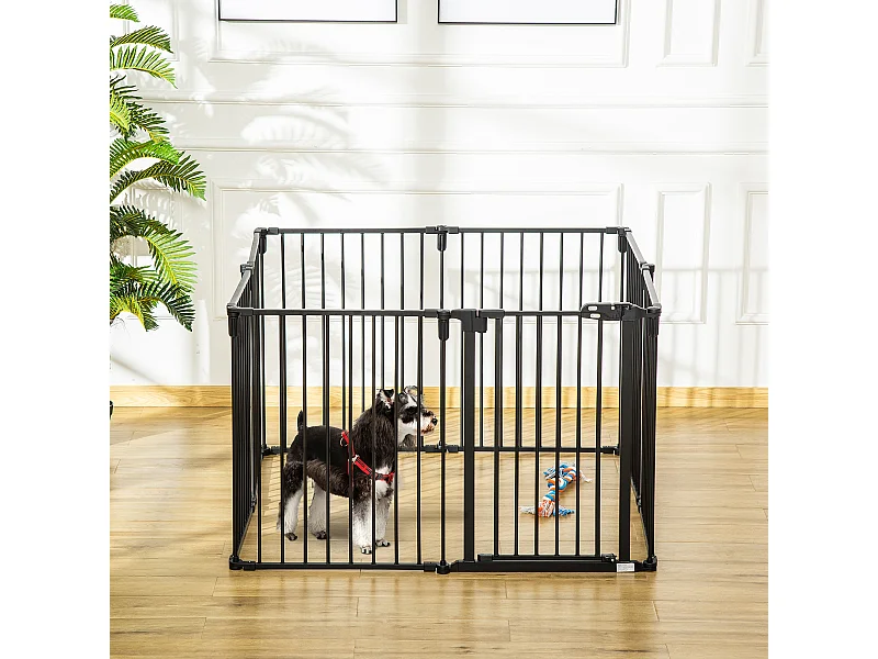 Barrière de sécurité - parc enclos chien modulable pliable - porte verrouillable - 8 panneaux acier et PP - dim. 482,5L max. x 76H cm noir