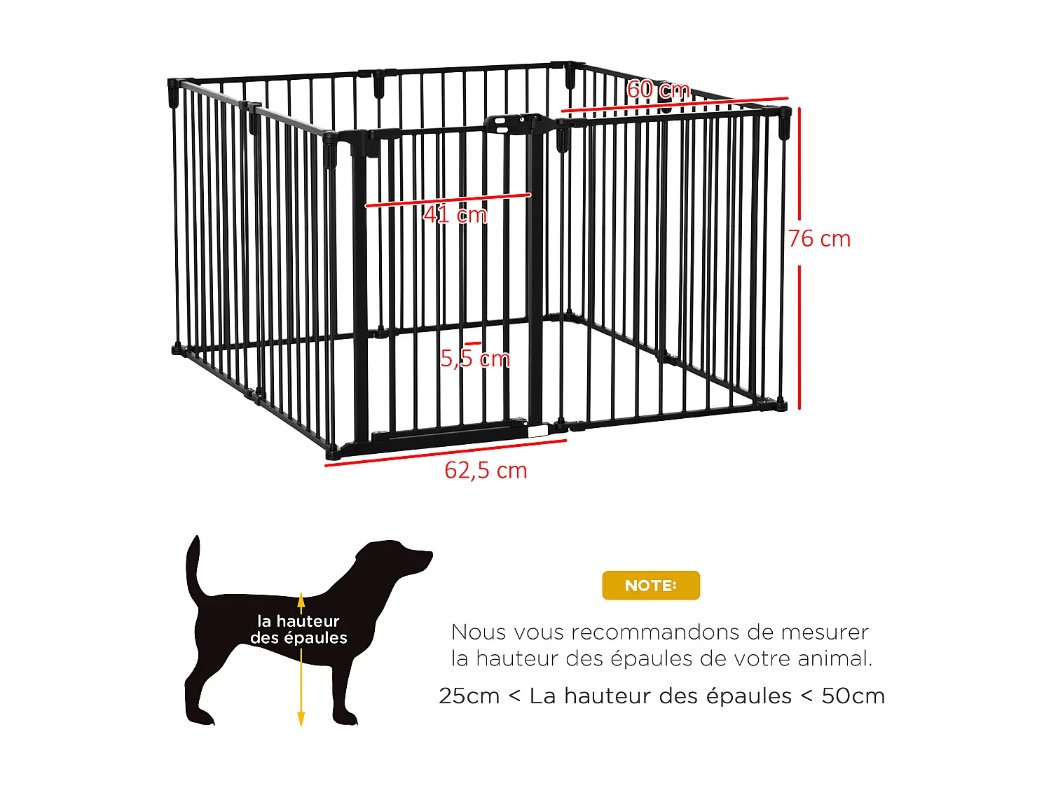 Barrière de sécurité - parc enclos chien modulable pliable - porte verrouillable - 8 panneaux acier et PP - dim. 482,5L max. x 76H cm noir