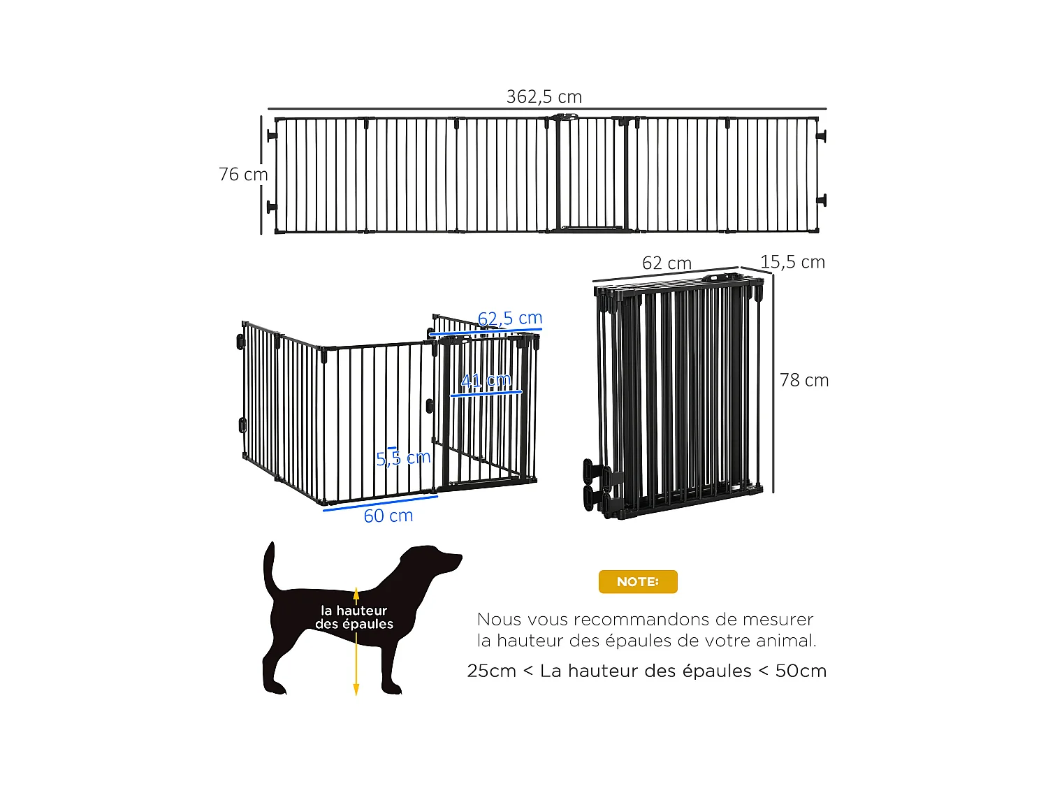 PawHut Barrière de sécurité - parc enclos chien modulable pliable - porte verrouillable - 6 panneaux acier et PP - dim. 362,5L max. x 76H cm noir