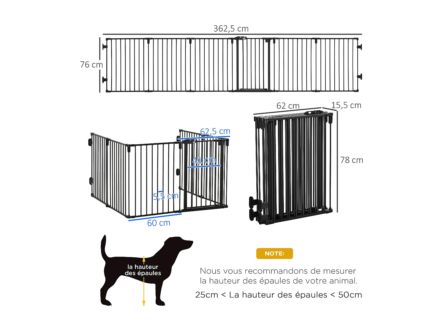 PawHut Barrière de sécurité - parc enclos chien modulable pliable - porte verrouillable - 6 panneaux acier et PP - dim. 362,5L max. x 76H cm noir