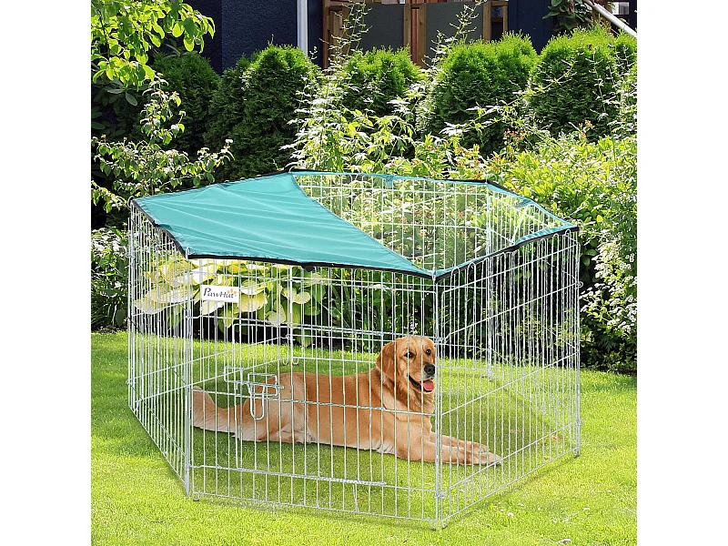 PawHut Parc enclos modulable Acier 6 Panneaux et 1 Porte pour Chiens Ø 120 x 60 cm Gris Métal vert