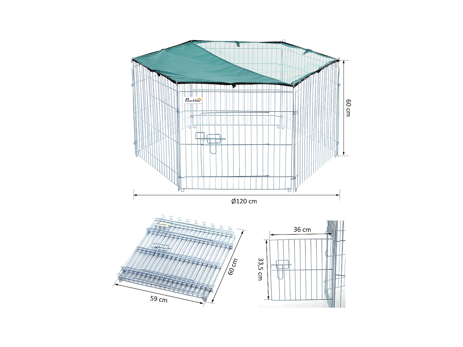 PawHut Parc enclos modulable Acier 6 Panneaux et 1 Porte pour Chiens Ø 120 x 60 cm Gris Métal vert