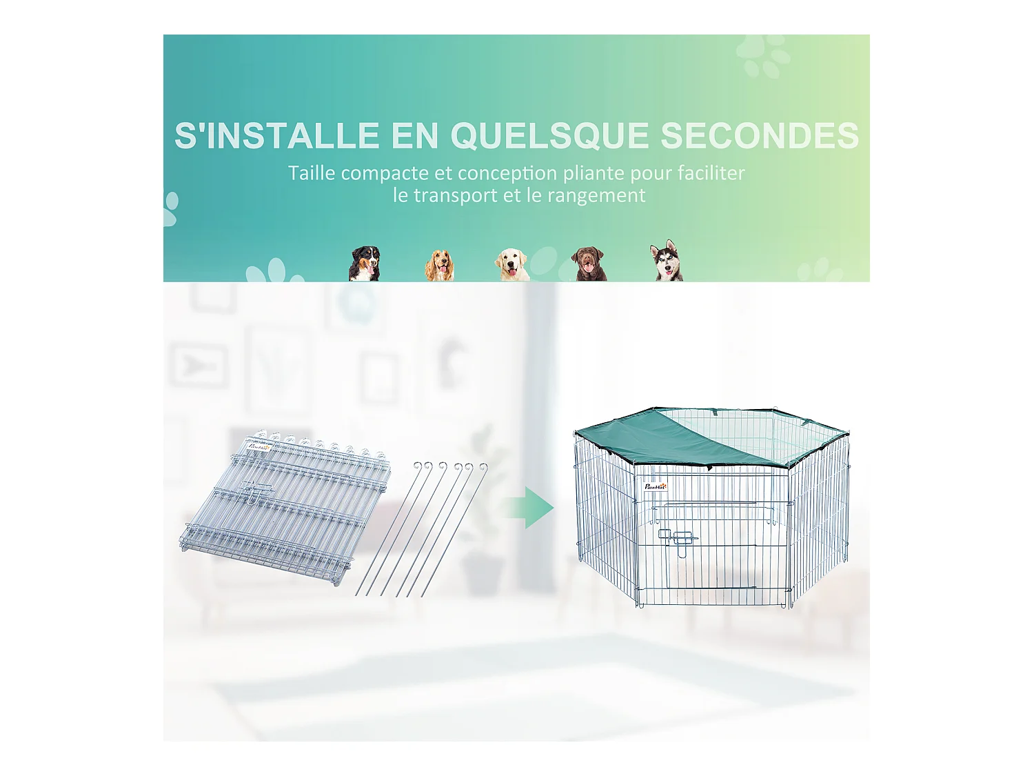 PawHut Parc enclos modulable Acier 6 Panneaux et 1 Porte pour Chiens Ø 120 x 60 cm Gris Métal vert