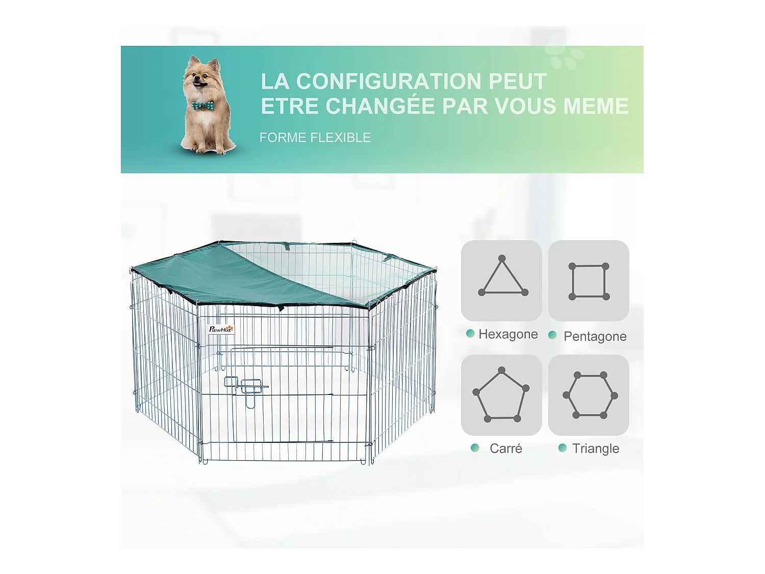 PawHut Parc enclos modulable Acier 6 Panneaux et 1 Porte pour Chiens Ø 120 x 60 cm Gris Métal vert