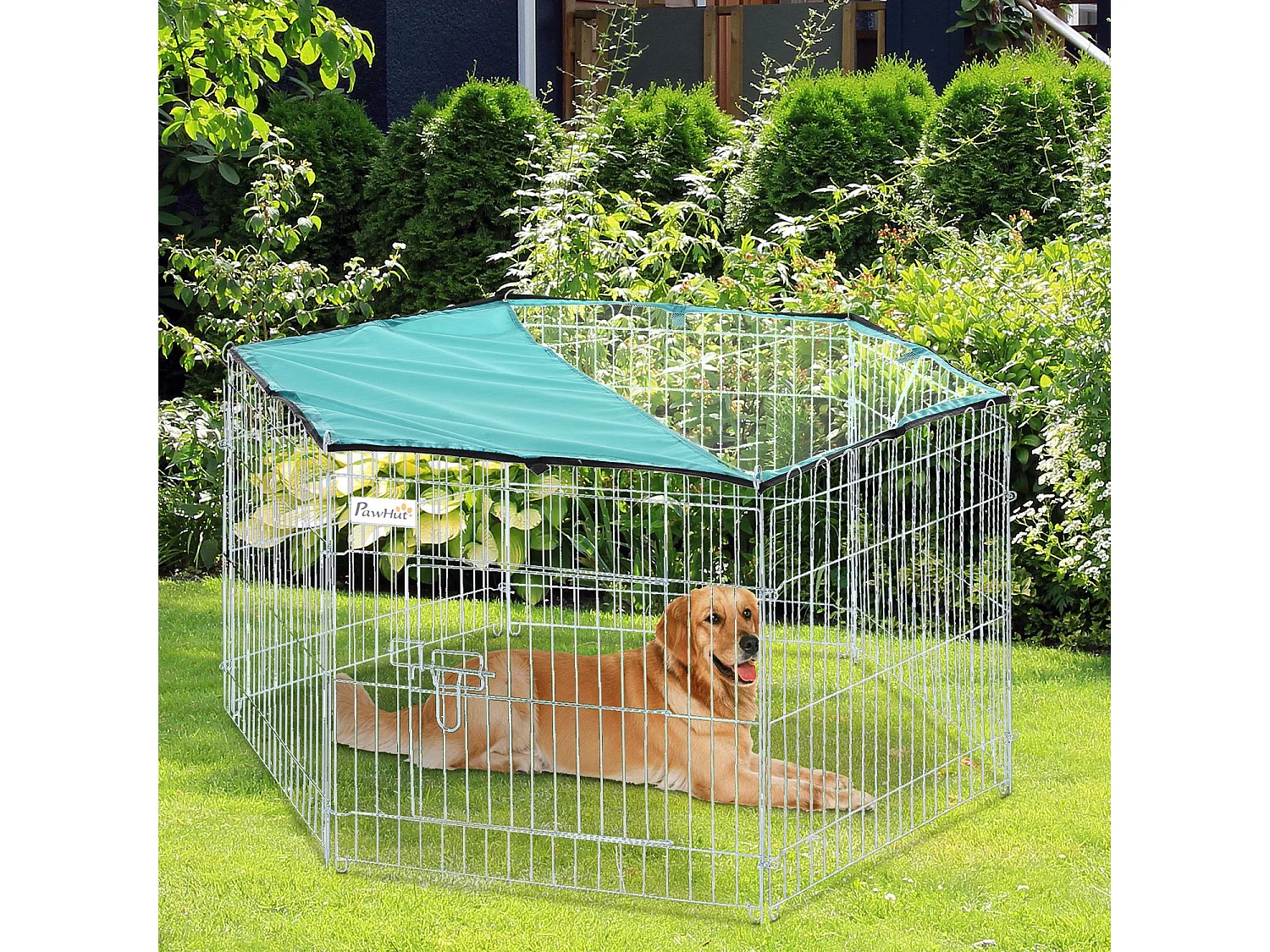 PawHut Parc enclos modulable Acier 6 Panneaux et 1 Porte pour Chiens Ø 120 x 60 cm Gris Métal vert