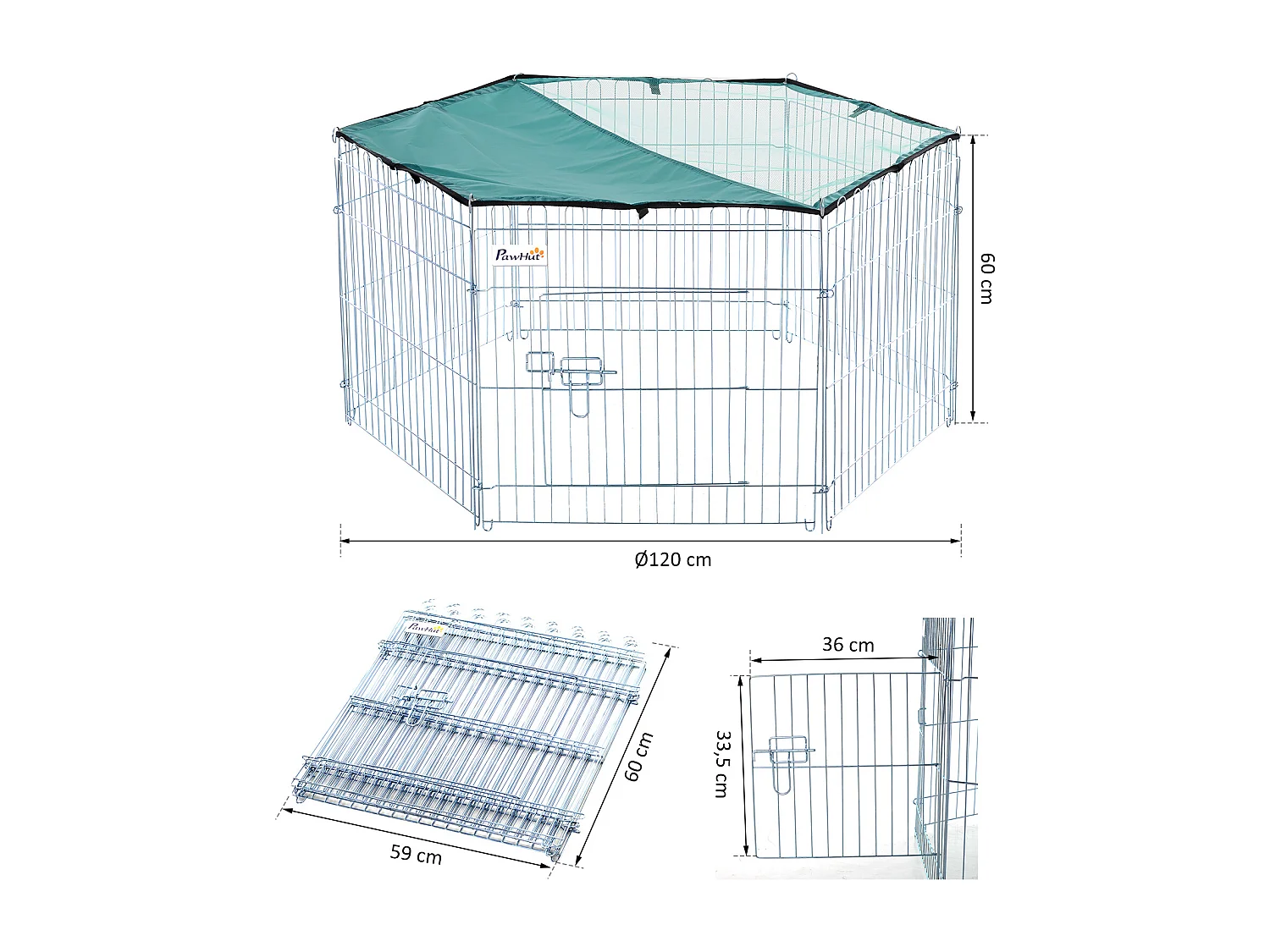 PawHut Parc enclos modulable Acier 6 Panneaux et 1 Porte pour Chiens Ø 120 x 60 cm Gris Métal vert