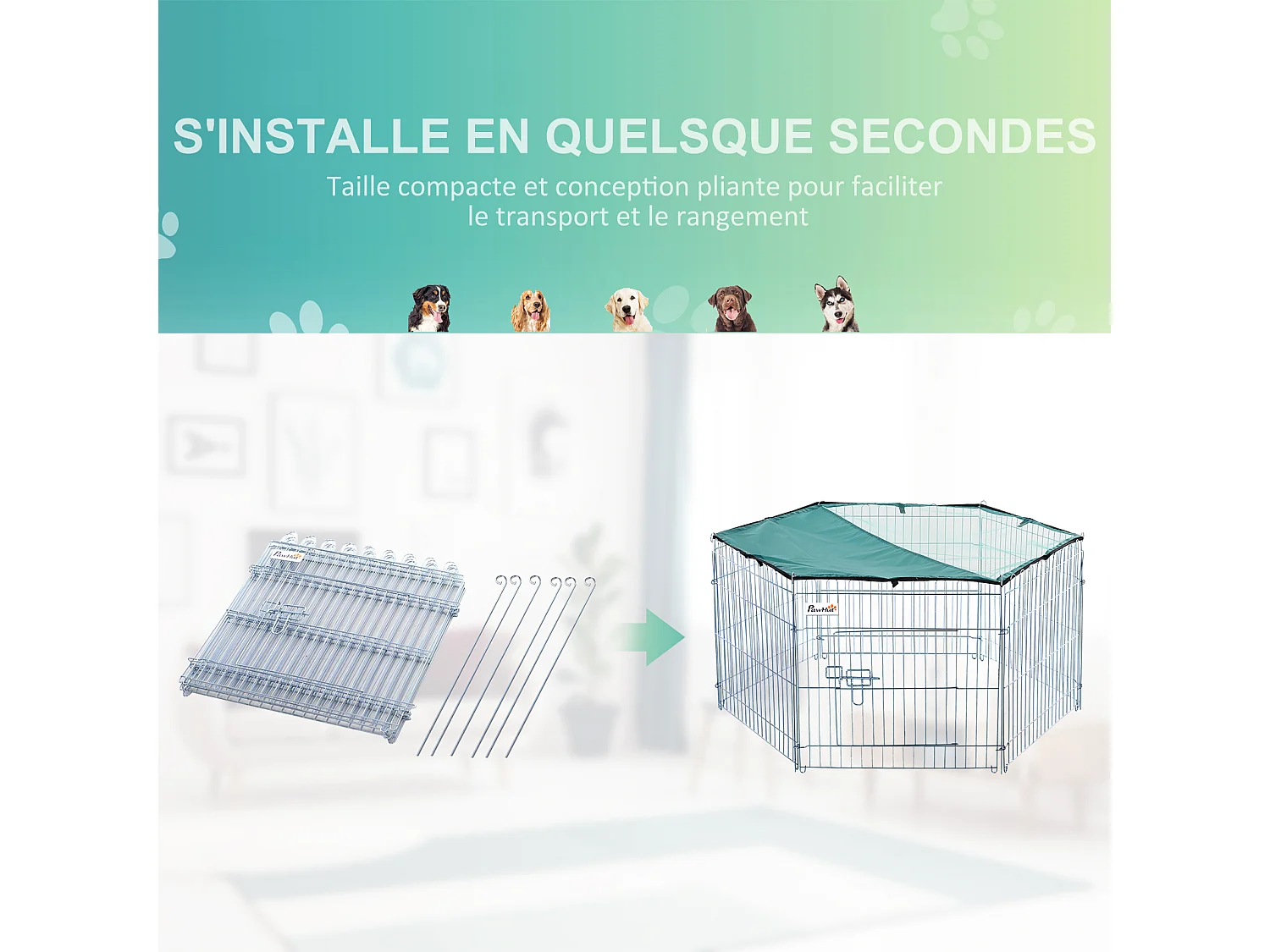 PawHut Parc enclos modulable Acier 6 Panneaux et 1 Porte pour Chiens Ø 120 x 60 cm Gris Métal vert