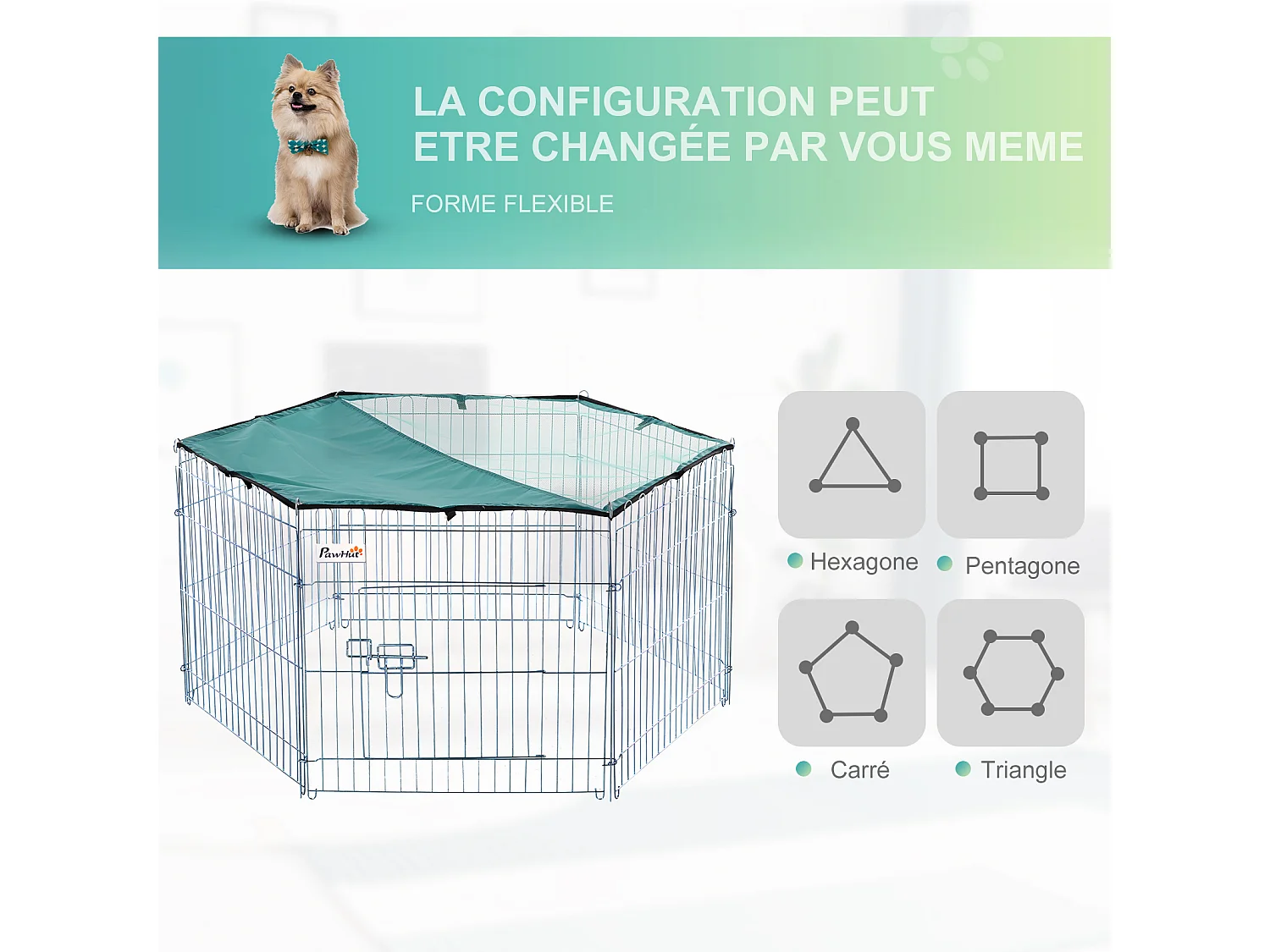 PawHut Parc enclos modulable Acier 6 Panneaux et 1 Porte pour Chiens Ø 120 x 60 cm Gris Métal vert