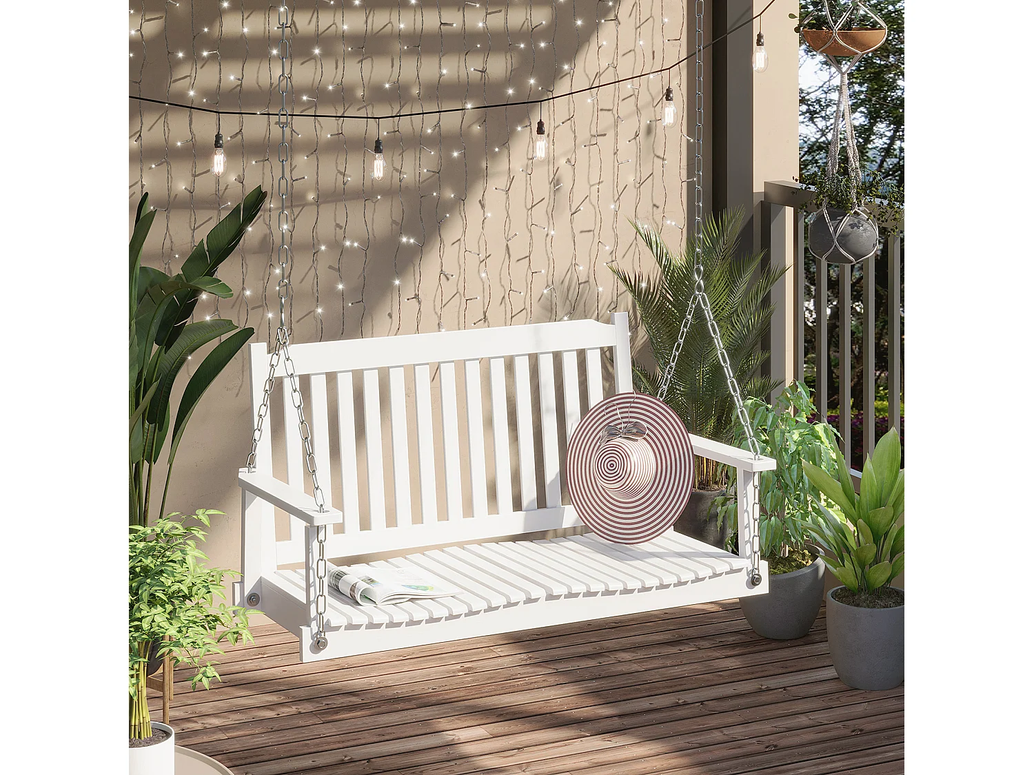 Banc suspendu 2 places dim. 117L x 69l x 60H m assise haut dossier à lattes chaînes suspension incluses bois sapin traité peint blanc