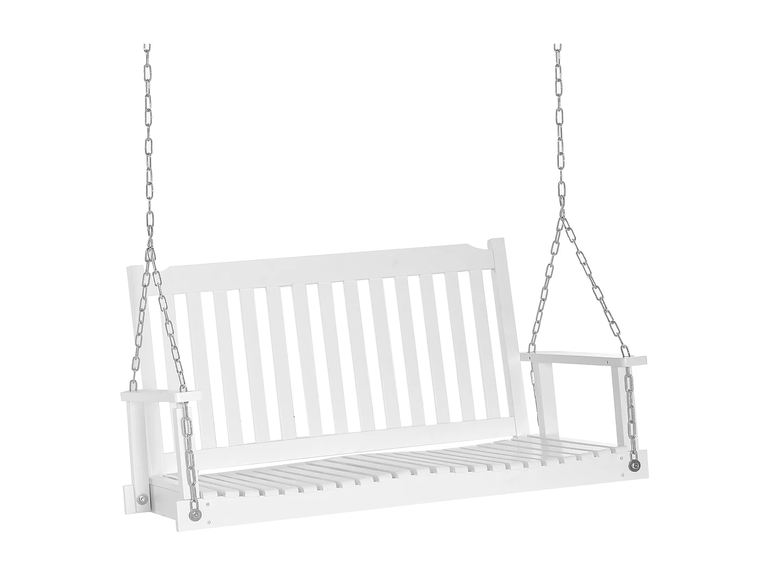 Banc suspendu 2 places dim. 117L x 69l x 60H m assise haut dossier à lattes chaînes suspension incluses bois sapin traité peint blanc