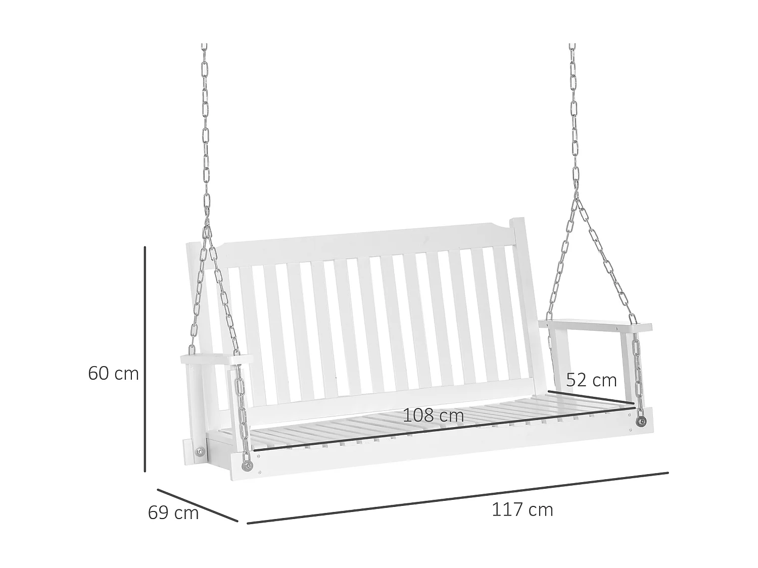 Banc suspendu 2 places dim. 117L x 69l x 60H m assise haut dossier à lattes chaînes suspension incluses bois sapin traité peint blanc