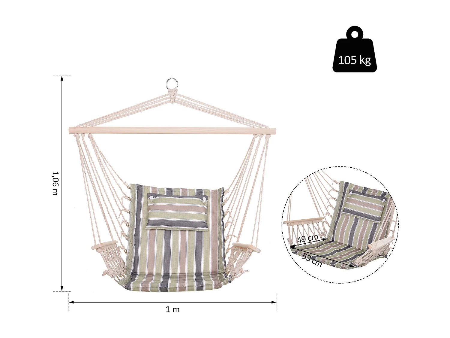 Chaise suspendue hamac de voyage respirant portable dim. 100L x 49l x 106H cm coton macramé polyester multicolore rayé