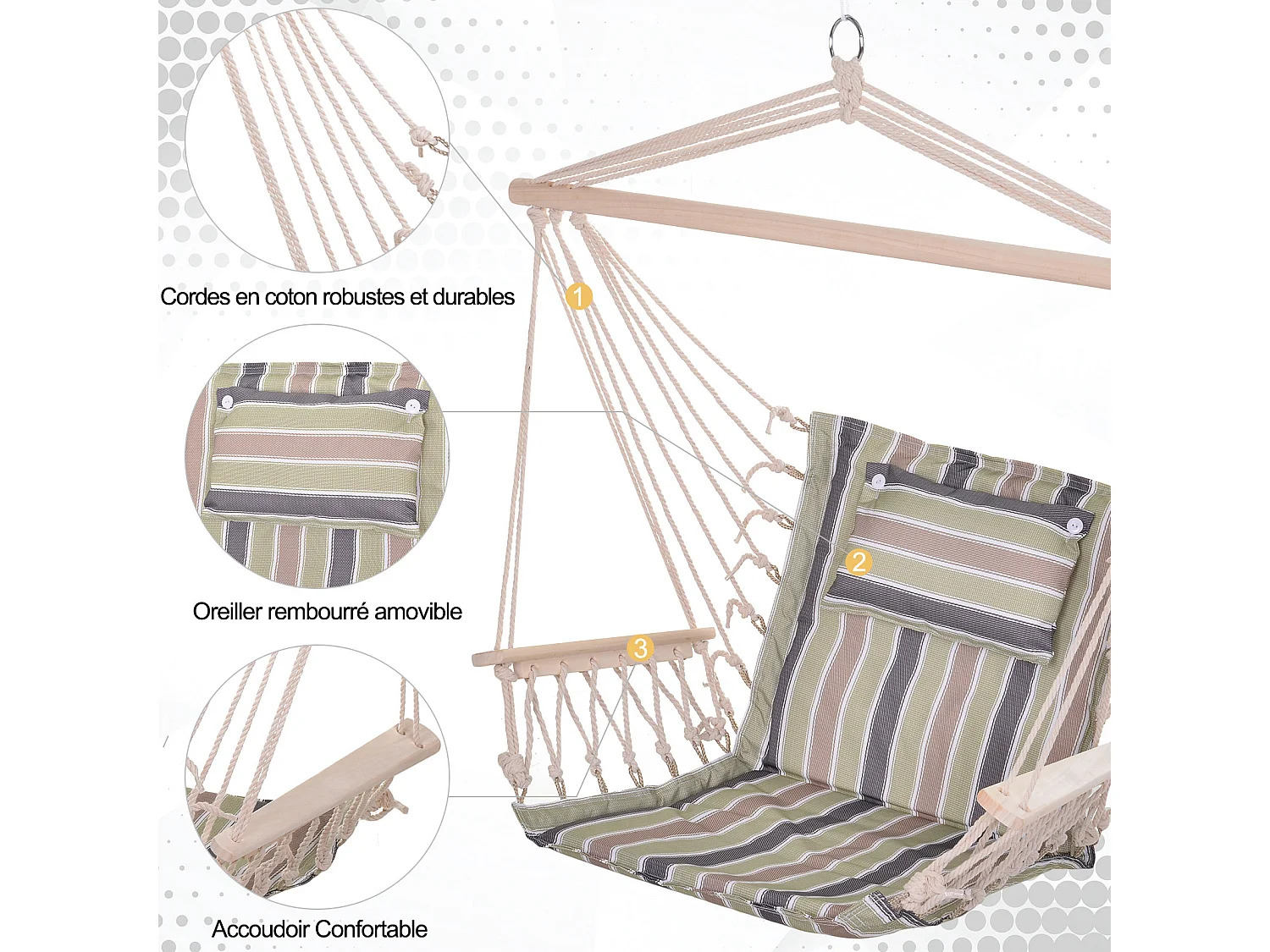Chaise suspendue hamac de voyage respirant portable dim. 100L x 49l x 106H cm coton macramé polyester multicolore rayé