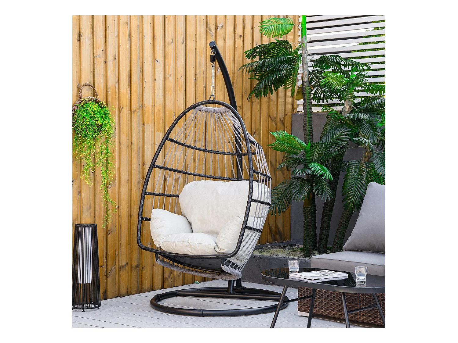 Fauteuil suspendu de jardin - fauteuil oeuf suspendu - balancelle pliante - coussin, support inclus - dim. 101L x 101l x 188H cm - métal époxy PE polyester crème
