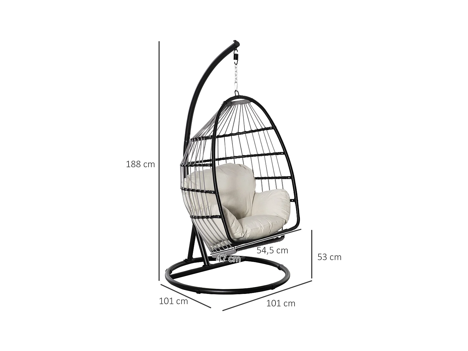 Fauteuil suspendu de jardin - fauteuil oeuf suspendu - balancelle pliante - coussin, support inclus - dim. 101L x 101l x 188H cm - métal époxy PE polyester crème