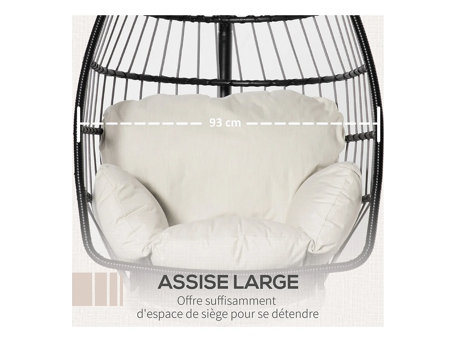 Fauteuil suspendu de jardin - fauteuil oeuf suspendu - balancelle pliante - coussin, support inclus - dim. 101L x 101l x 188H cm - métal époxy PE polyester crème