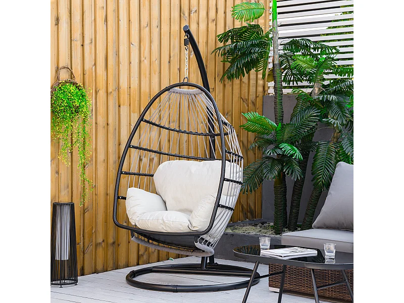Fauteuil suspendu de jardin - fauteuil oeuf suspendu - balancelle pliante - coussin, support inclus - dim. 101L x 101l x 188H cm - métal époxy PE polyester crème