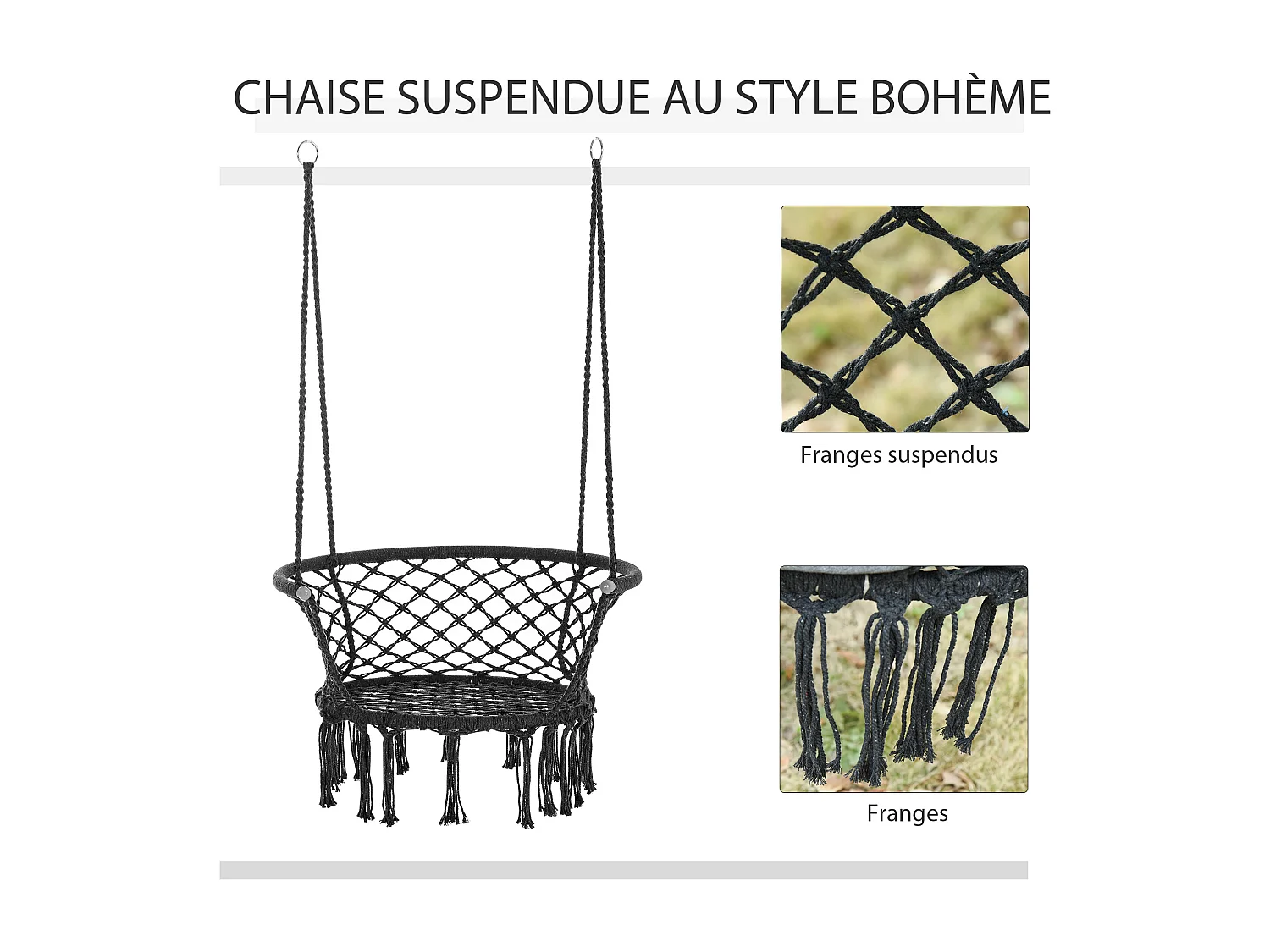 Chaise suspendue hamac de voyage portable dim. 80L x 60l x 36H m macramé coton polyester gris