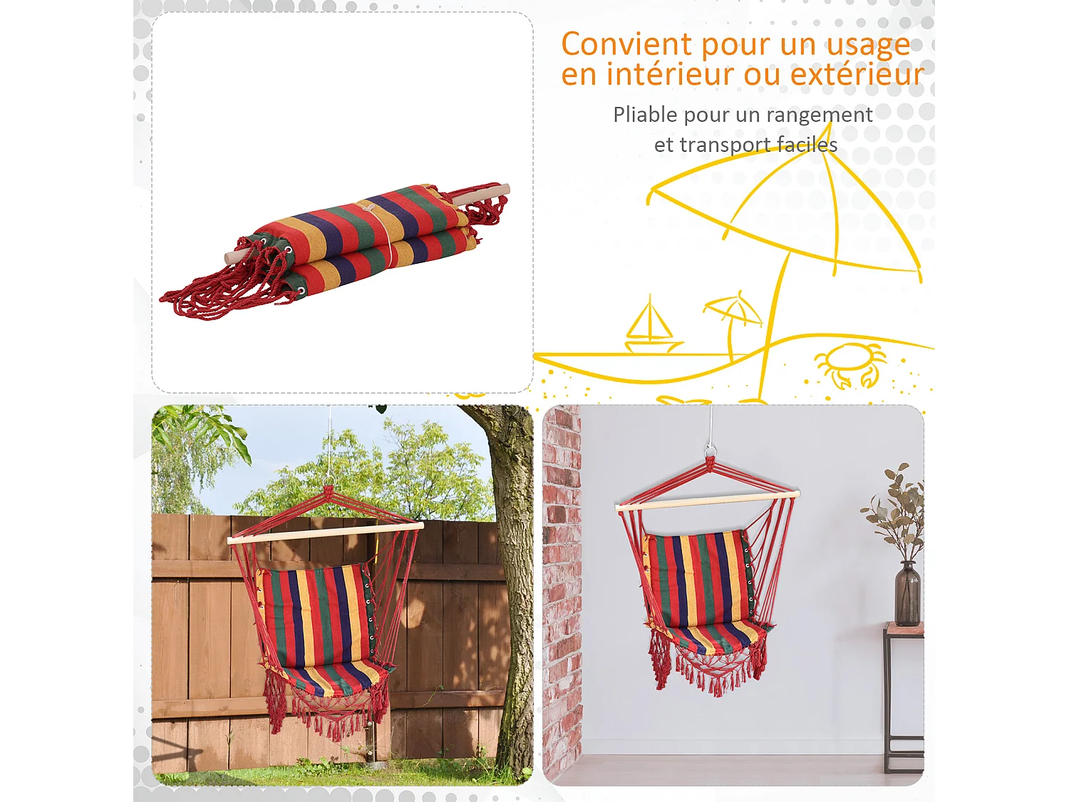 Chaise suspendue hamac de voyage respirant portable dim. 60L x 45l x 55H m coton polyester multicolore