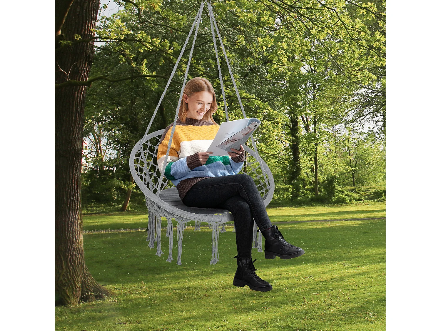 Chaise suspendue chaise hamac de voyage portable Ø 80 x 42H m macramé coton polyester gris