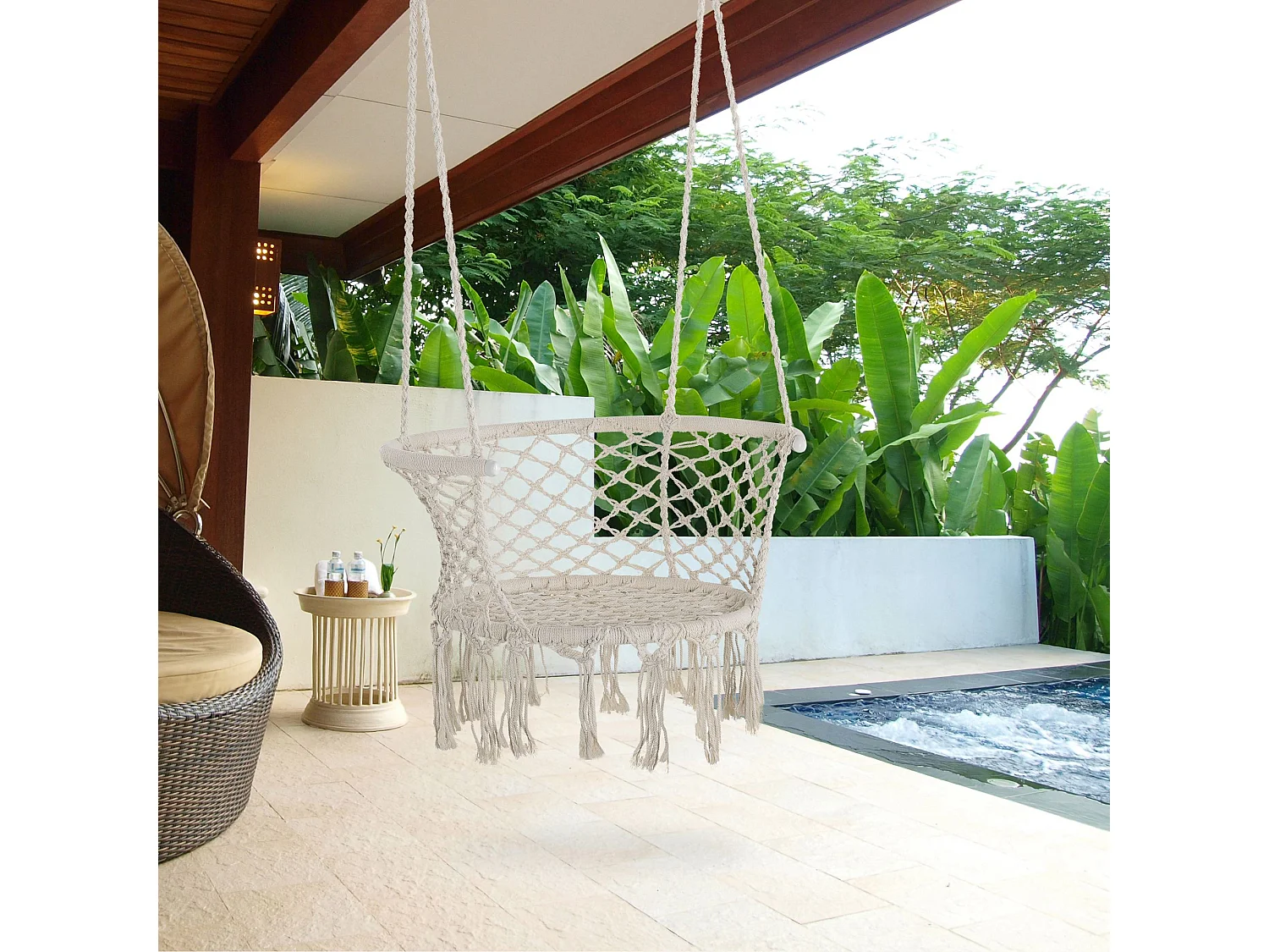Chaise suspendue hamac de voyage portable dim. 80L x 60l x 36H m macramé coton polyester beige