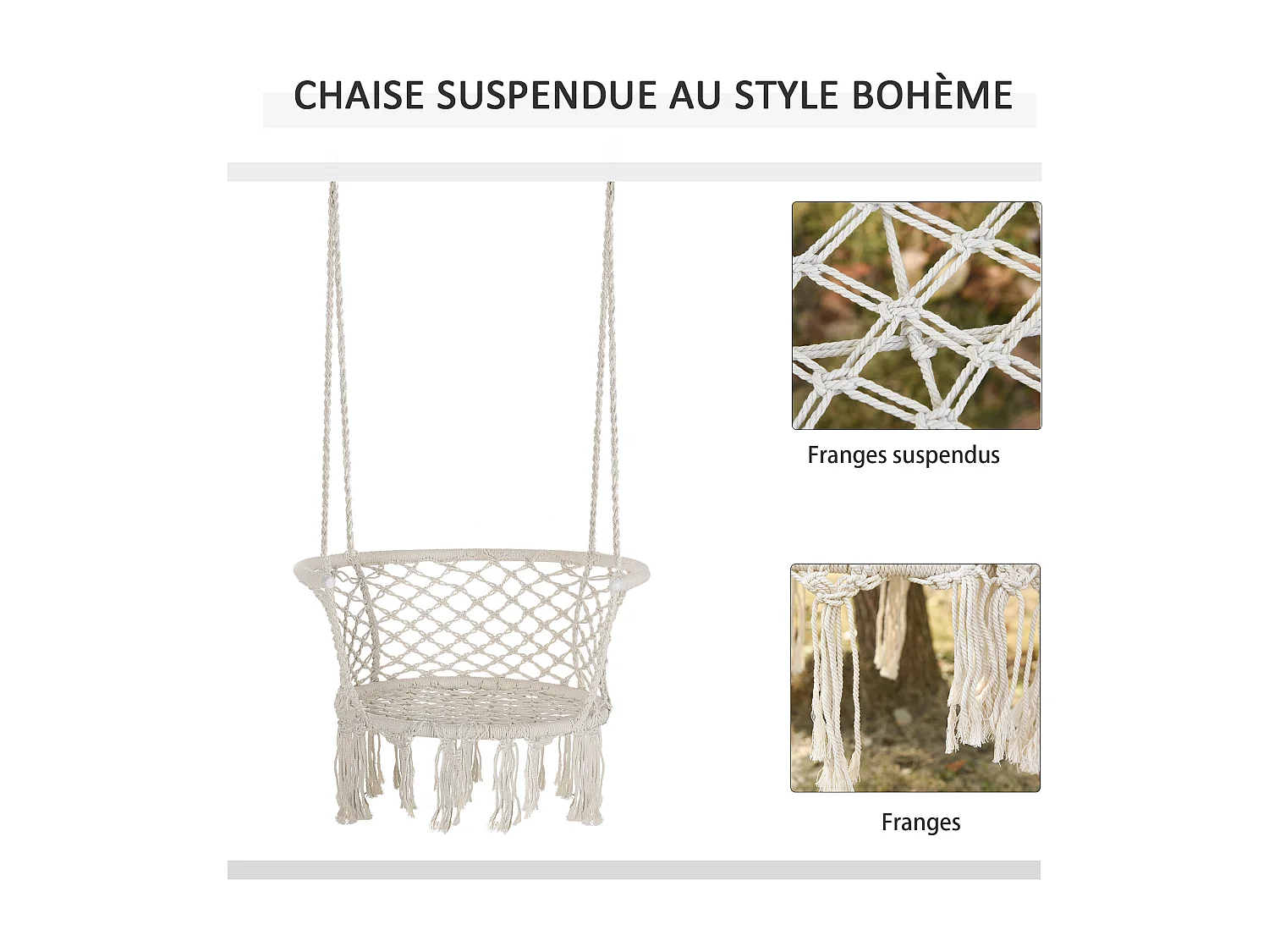 Chaise suspendue hamac de voyage portable dim. 80L x 60l x 36H m macramé coton polyester beige