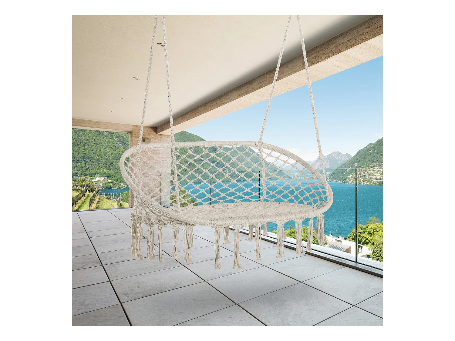 Chaise suspendue banc suspendu dim. 130L x 75l x 40H m macramé coton polyester beige