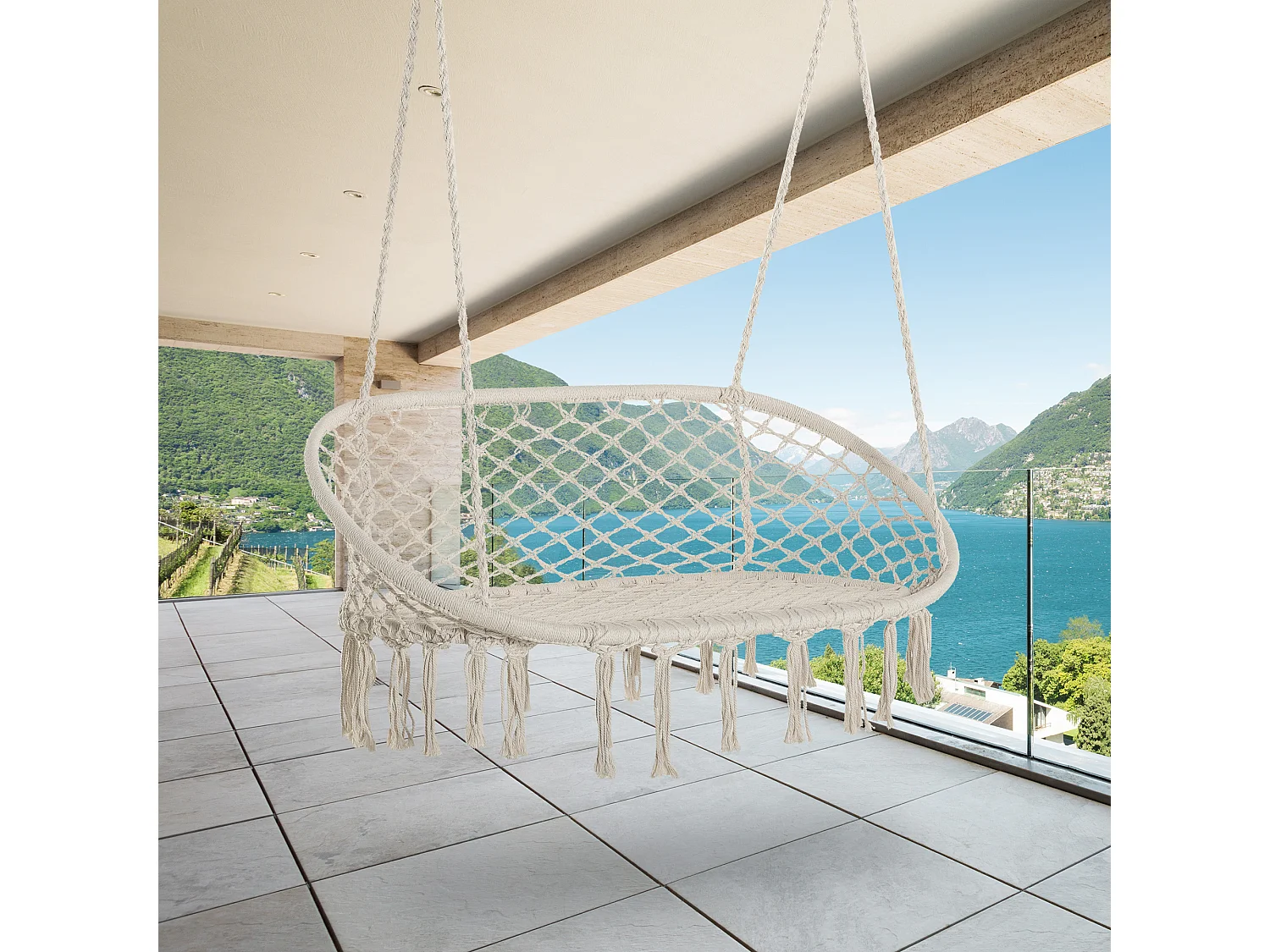 Chaise suspendue banc suspendu dim. 130L x 75l x 40H m macramé coton polyester beige