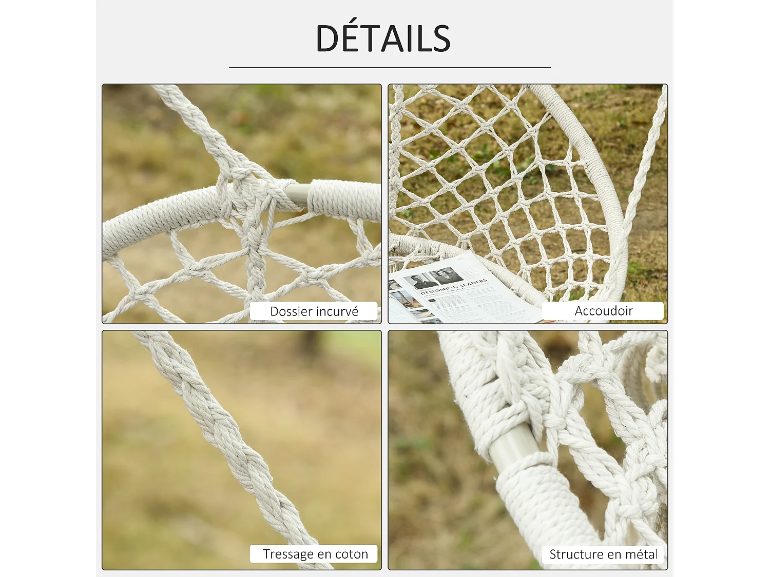 Chaise suspendue banc suspendu dim. 130L x 75l x 40H m macramé coton polyester beige