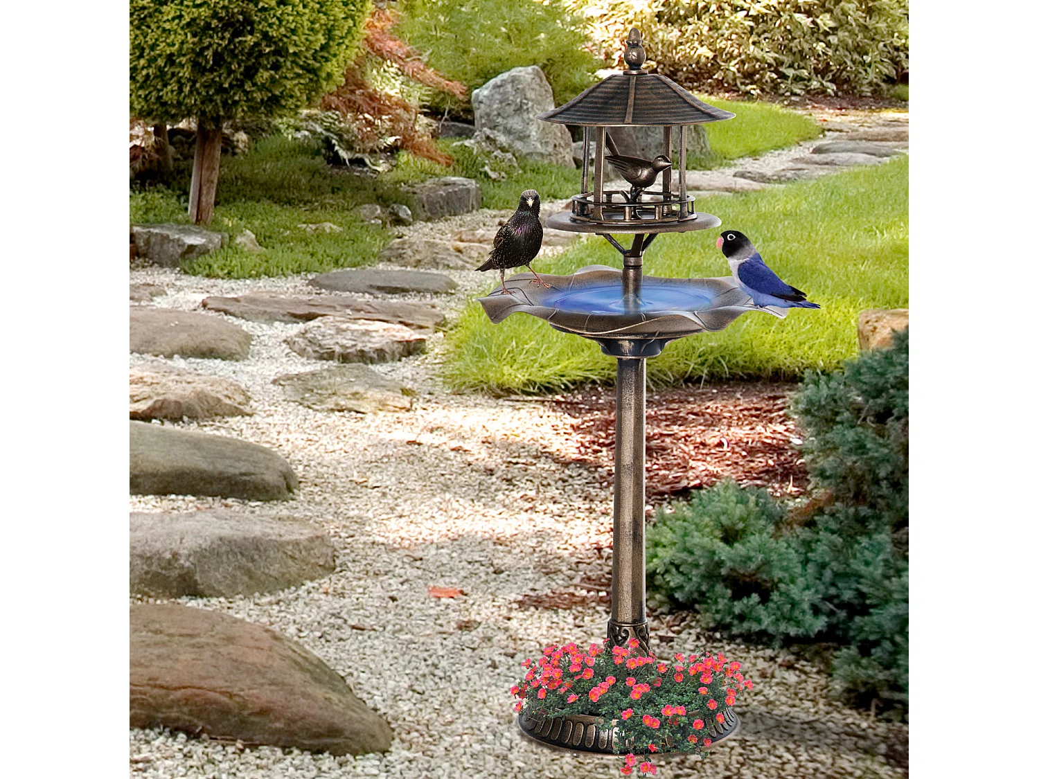 Bain d'oiseaux abreuvoir pour oiseaux jardinière 3 en 1 dim. Ø 50 x 113H cm polypropylène bronze antique