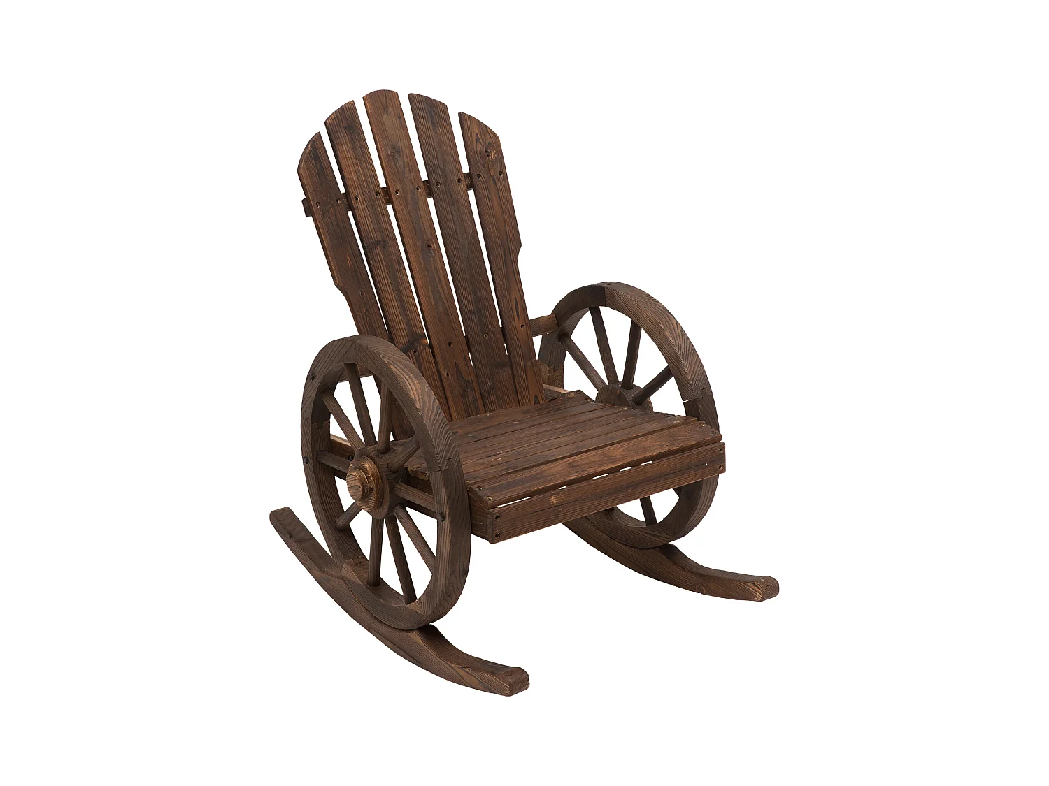 Fauteuil de jardin Adirondack à bascule rocking chair style rustique chic accoudoirs roues charette bois sapin traité carbonisation