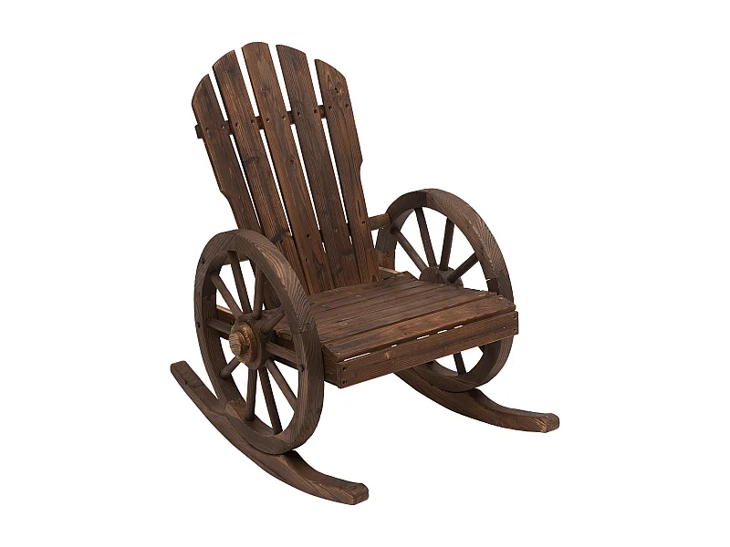 Fauteuil de jardin Adirondack à bascule rocking chair style rustique chic accoudoirs roues charette bois sapin traité carbonisation