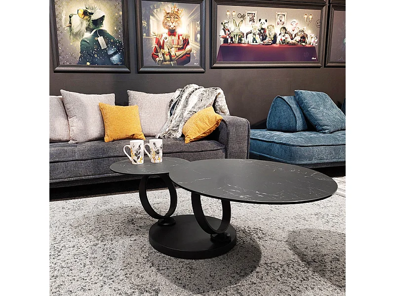 Table basse 2 plateaux ronds rotatifs céramique gris marbré - SHIVA