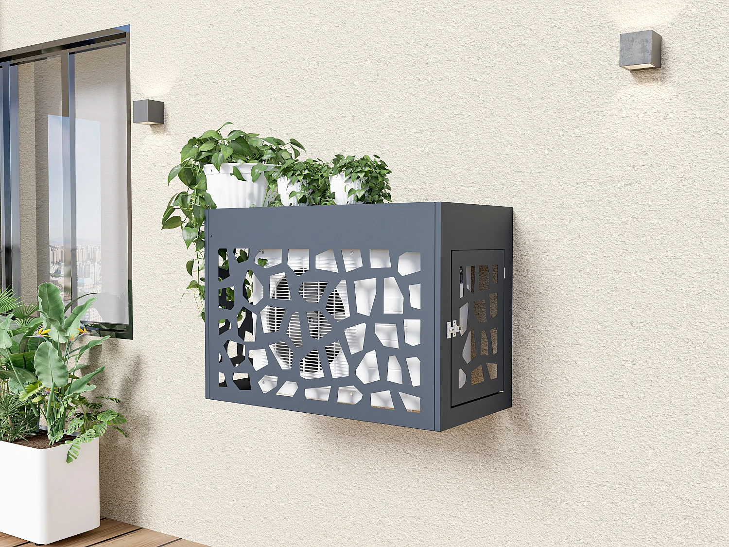 Cache clim / pompe à chaleur en aluminium ajouré - Avec porte d'accès - Anthracite - KAZOMA